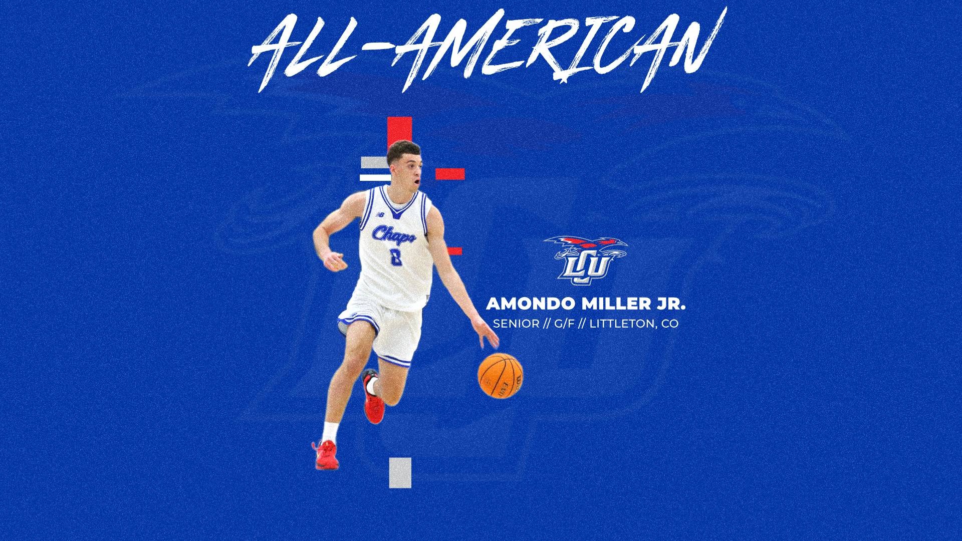 This is a digital graphic announcing Lubbock Christian guard/forward Amondo Miller Jr. as an NABC All-American. There is a featured imaged of Miller (white jersey, #8) dribbling the basketball. 