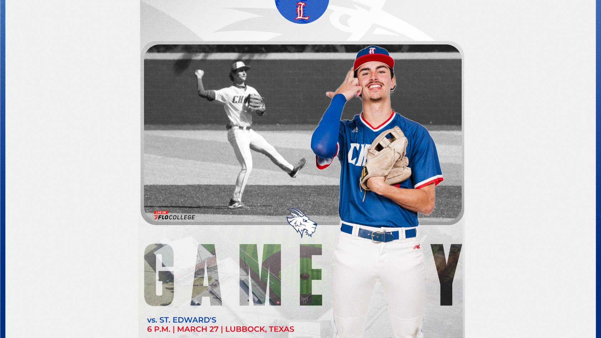 This is a digital graphic promoting the Lubbock Christian baseball game at 6 p.m. on March 27 against St. Edward's in Lubbock, Texas. The featured image is of infielder Tanner Pachorek (blue jersey, #5), shown smiling and pointing toward his head with his right hand. There is a black and white background photo of Pachorek throwing the ball during a game. 