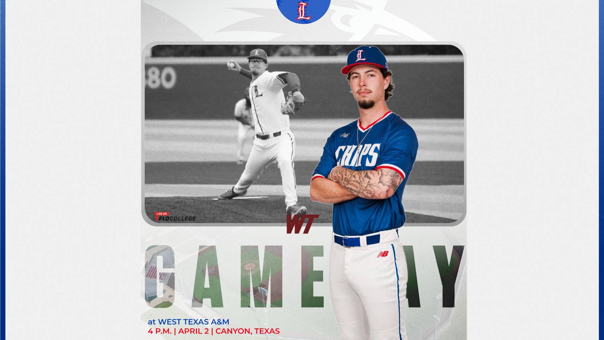 This is a digital graphic promoting the Lubbock Christian baseball game at West Texas A&M at 4 p.m. on April 2 in Canyon, Texas. The featured image is of pitcher Dakota McCaskill (blue jersey, #34) standing with his arms crossed. There is a black and white action photo in the background of McCaskill throwing a pitch during a game.