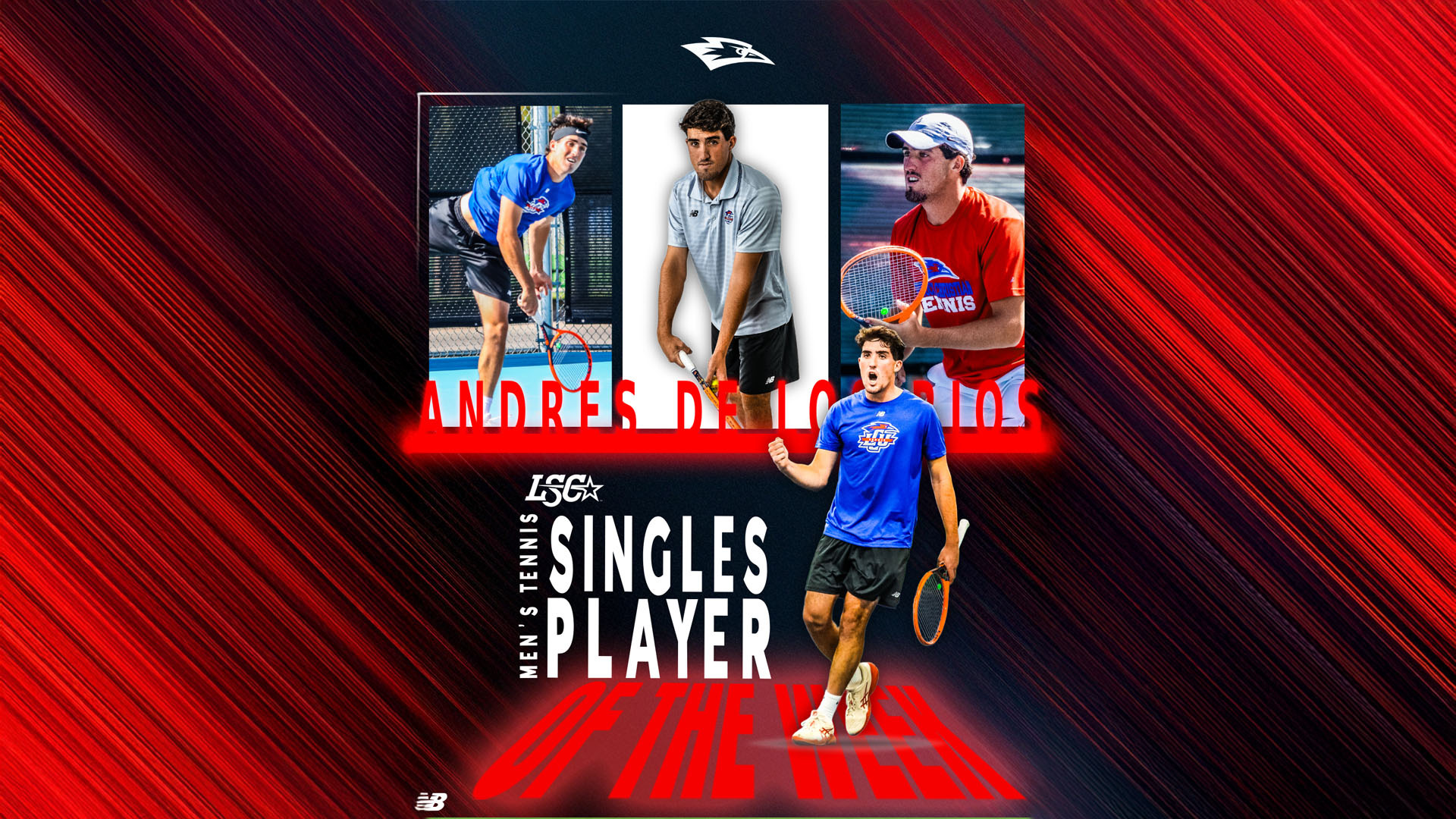 A graphic on a bold red textured background honoring Andrés De Los Rios as the LSC Men's Tennis Singles Player of the Week. Three photos of De Los Rios are featured in a collage at the top — showing him in action and in a posed photo — with a fourth action shot of him celebrating overlaid in the center. His name appears in red lettering across the middle. The LSC logo and award text are displayed in large white and red bold lettering, with a New Balance logo in the bottom left corner.