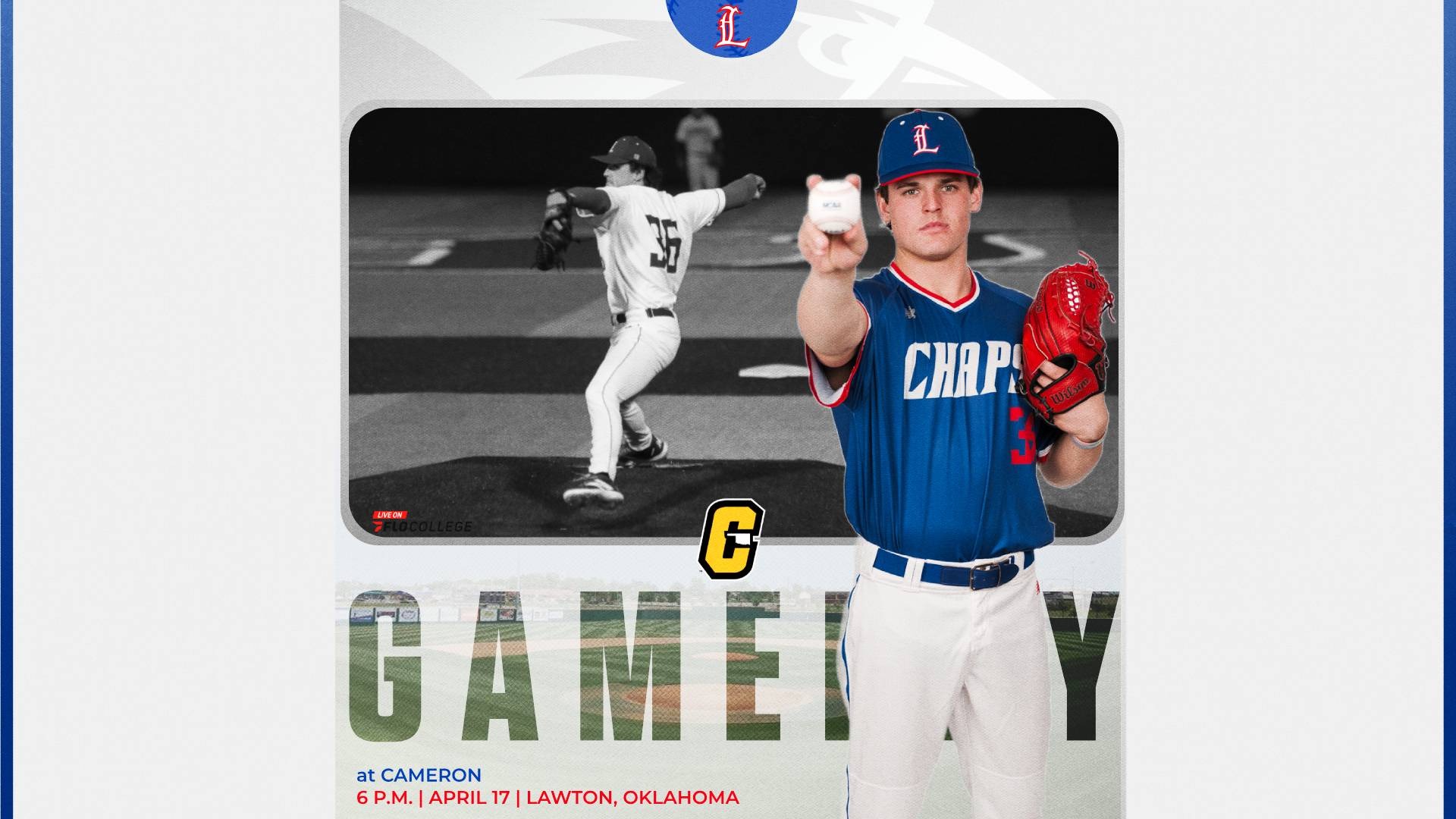 This is a digital graphic promoting the Lubbock Christian baseball game at Cameron at 6 p.m. on April 17 at McCord Field in Lawton, Oklahoma. The featured image is of pitcher Landon Abrahamson (blue jersey, #36) shown with a glove on his left hand and holding a ball out to the camera with his right hand. There is a black and white action shot in the background of Abrahamson throwing a pitch during a game. 