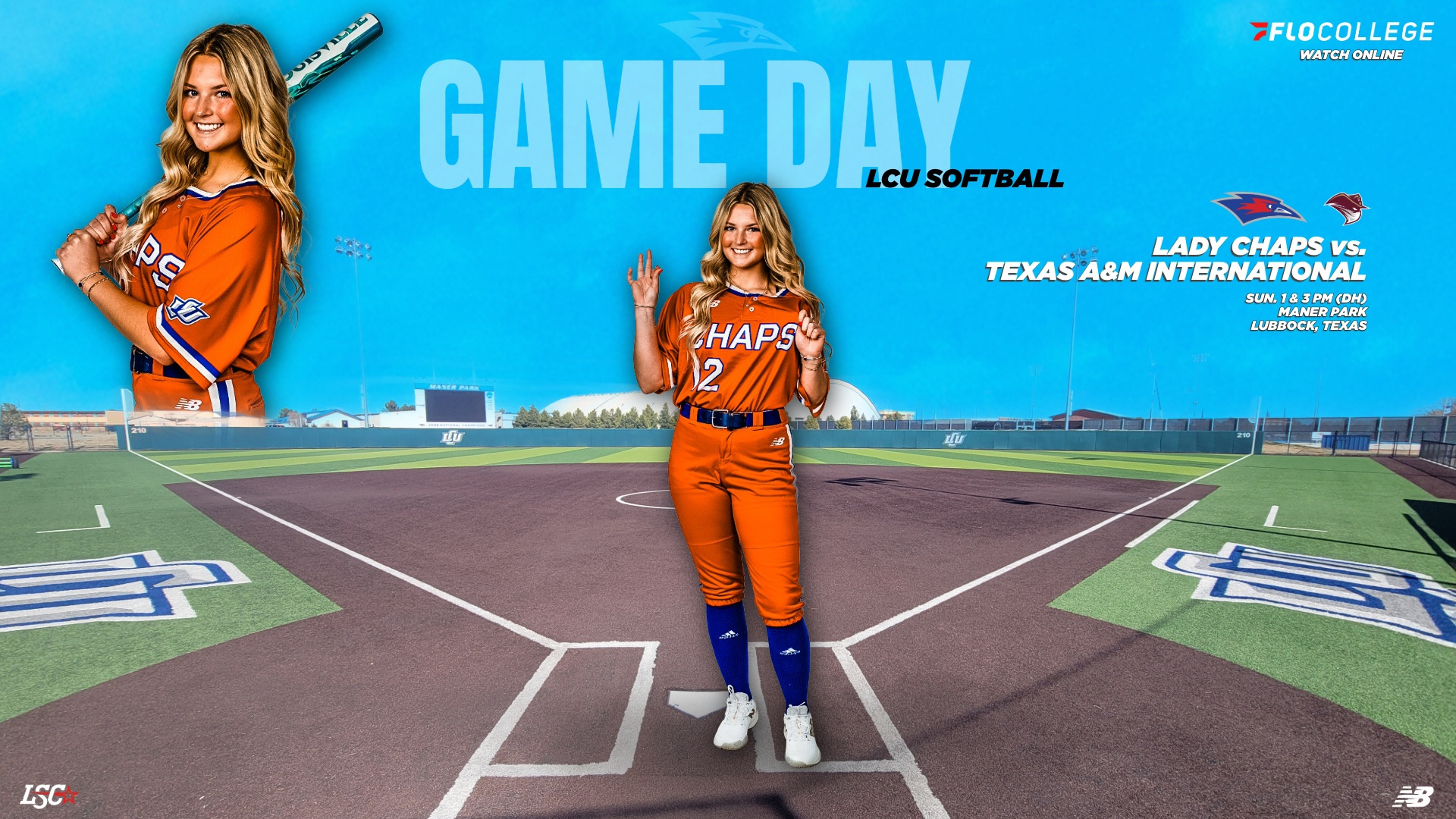 A Game Day graphic for LCU Softball set against Maner Park in Lubbock. Two photos of the same Lady Chaps player (#12) in an orange uniform are featured — a posed shot in the upper left and a full-body shot at home plate in the center. Bold text reads 