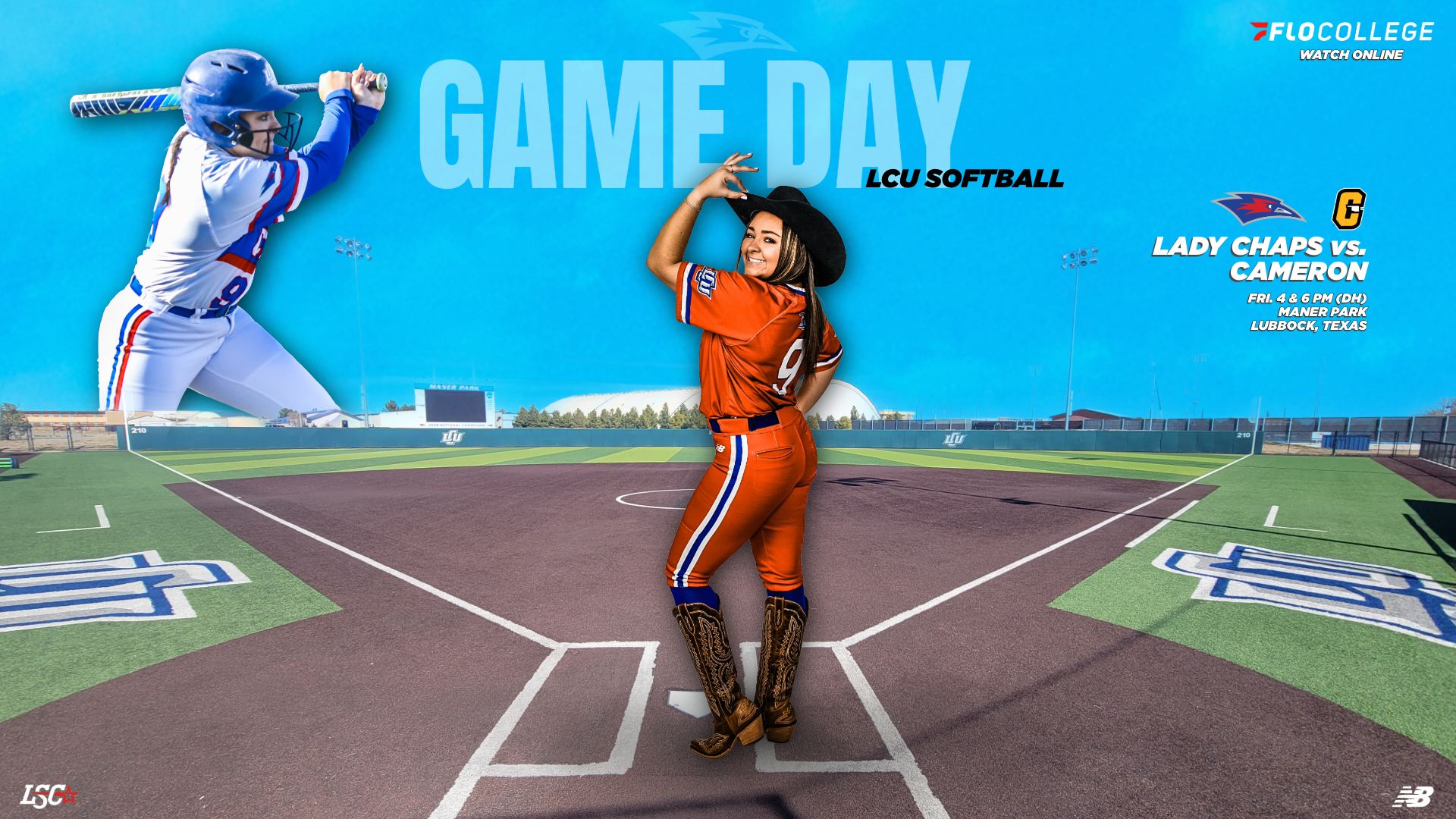 A Game Day promotional graphic for LCU Softball vs. Cameron at Maner Park. Number 9 in an orange Chaps uniform and cowboy boots tips a black cowboy hat at home plate, while a batter in a white uniform swings in the upper left. Text reads 
