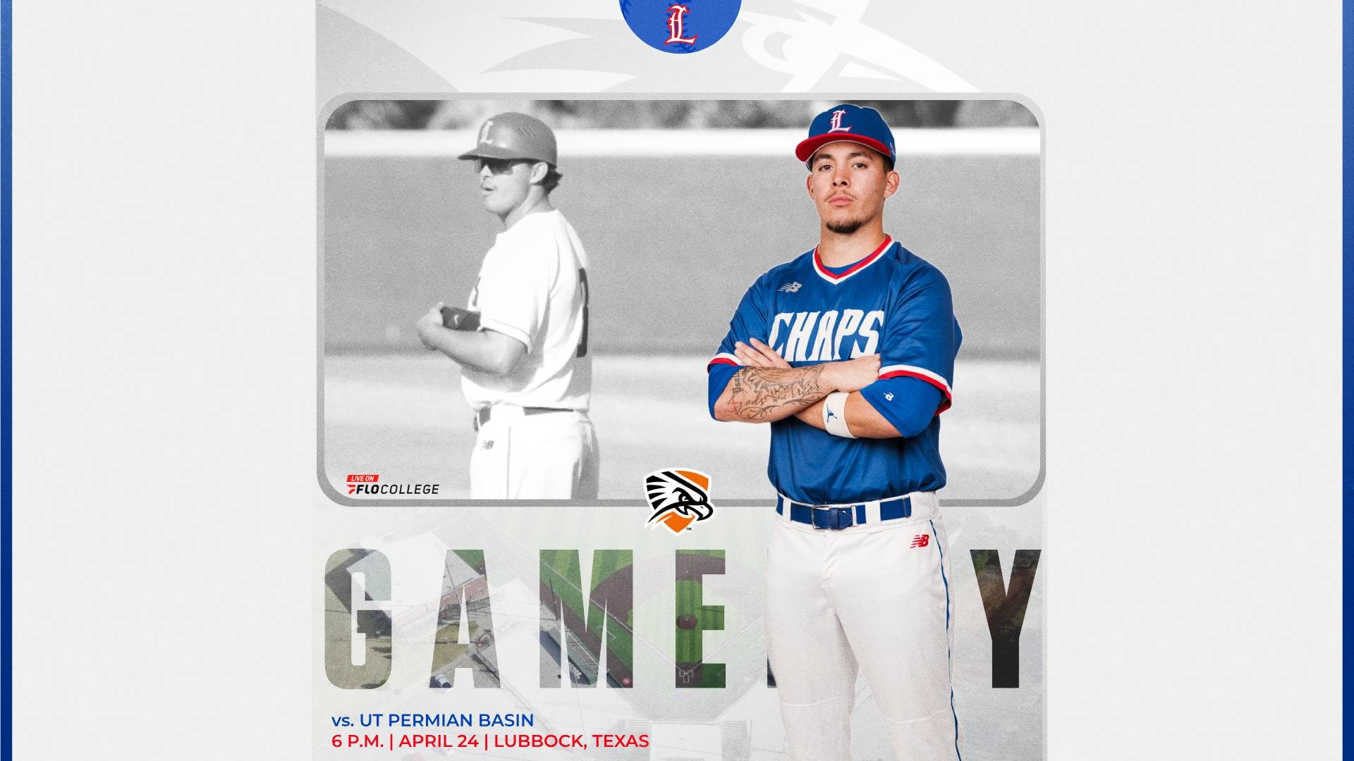 This is a digital graphic promoting the Lubbock Christian baseball game against UT Permian Basin at 6 p.m. on April 24 in Lubbock, Texas. The featured image is of Brock Tijerina (blue jersey, #8) standing with his arms crossed. There is a black and white featured image of Tijerina standing on the field during a game. 