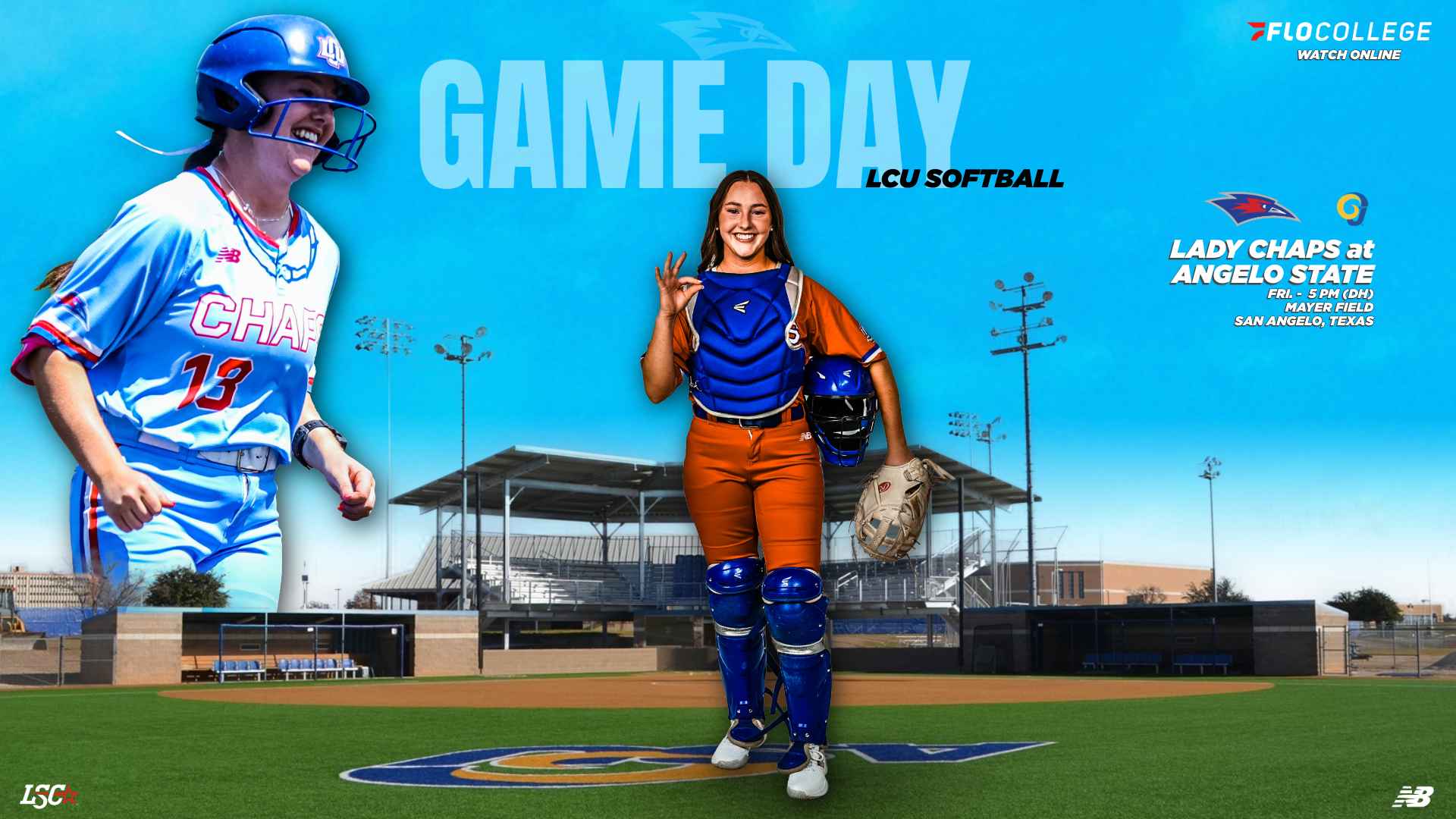 A Game Day graphic for LCU Softball set against Mayer Field in San Angelo, Texas. Two Lady Chaps players are featured — a baserunner (#13) in a light blue uniform celebrating on the left, and a catcher in full orange uniform and blue gear smiling in the center. Bold text reads 