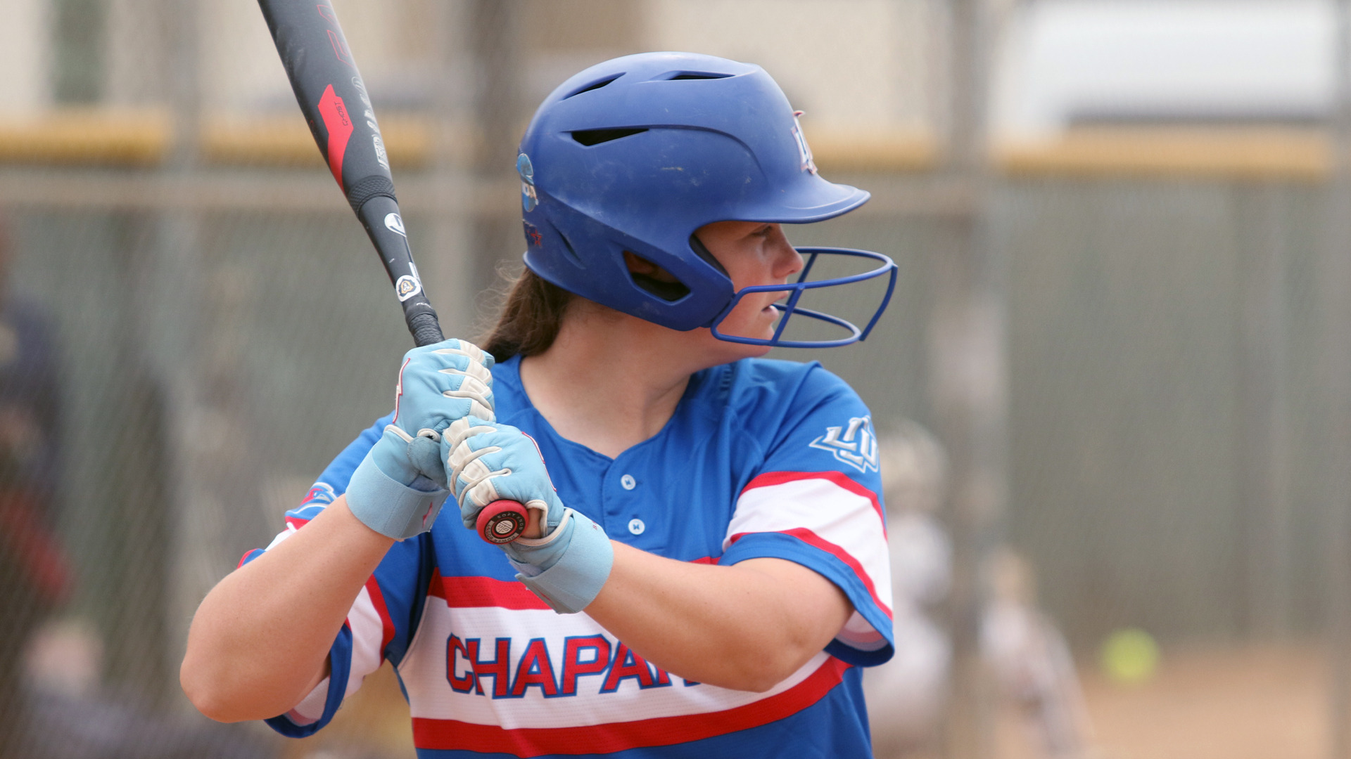A Lady Chaps batter in a blue and red 