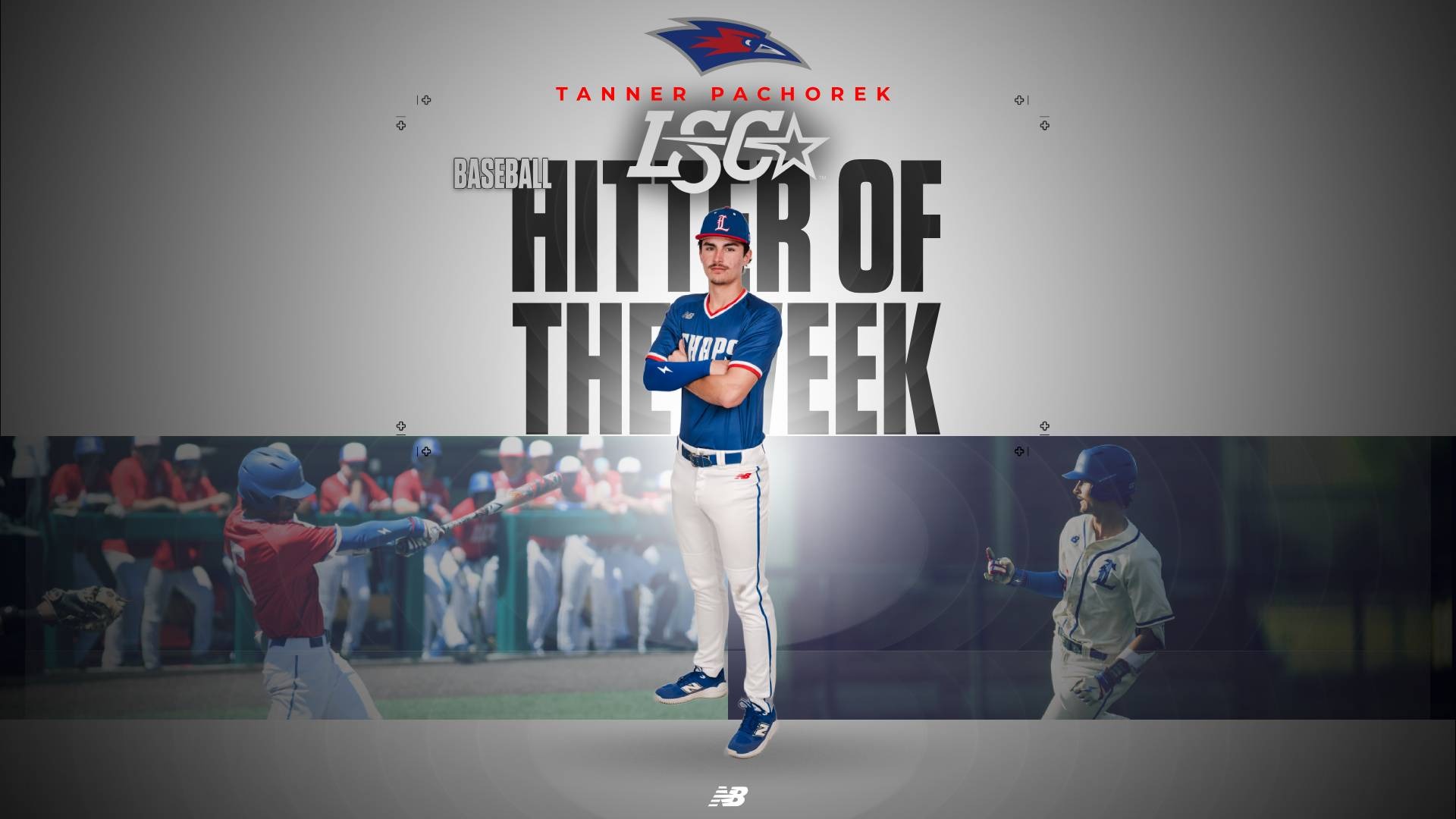 This is a digital graphic announcing Lubbock Christian infielder Tanner Pachorek as the Lone Star Conference Hitter of the Week for April 27. There is a featured image of Pachorek (blue uniform, #5) standing with his arms crossed. There are featured action shots of Pachorek during games in the background.