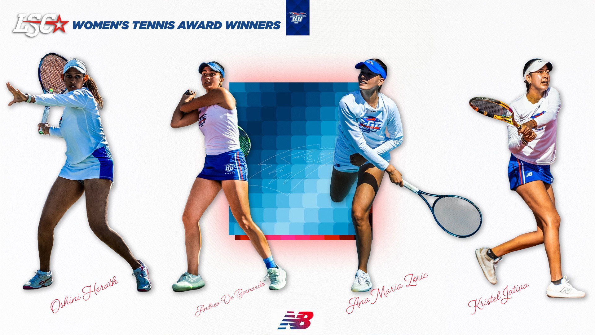 Lubbock Christian University LSC Women's Tennis Award Winners graphic featuring four Lady Chaps players in action poses, each in white and blue LCU New Balance uniforms. From left to right, the players are identified by cursive name labels as Oshini Herath, Andrea De Bernardo, Ana Maria Zoric, and Kristel Jativa. A blue pixel-patterned design element appears in the center background. The LSC star logo and LCU logo appear at the top, and the New Balance logo appears at the bottom center.
