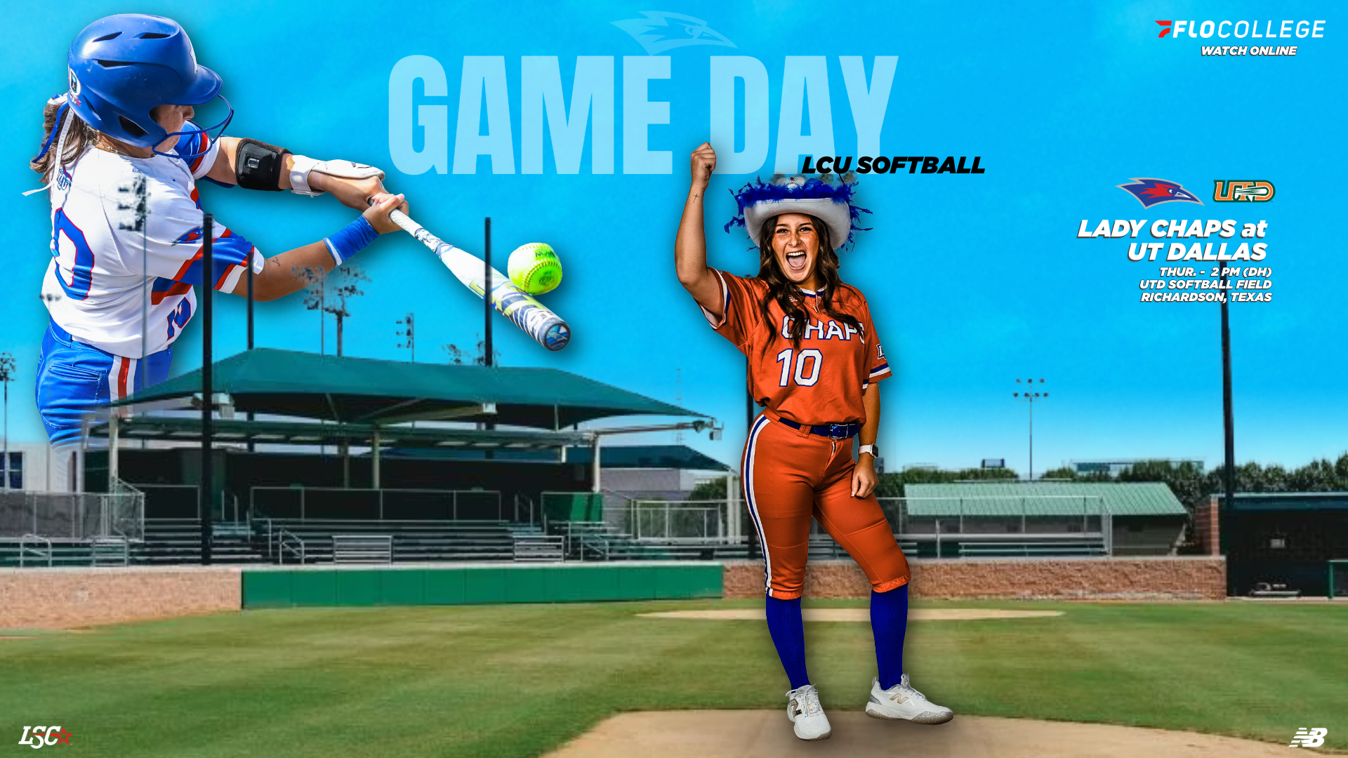 A Game Day graphic for LCU Softball set against a softball field background. Two Lady Chaps players are featured — one mid-swing in a white uniform on the left, and another in an orange uniform (#10) celebrating with a decorated cowboy hat on the right. Bold text reads 