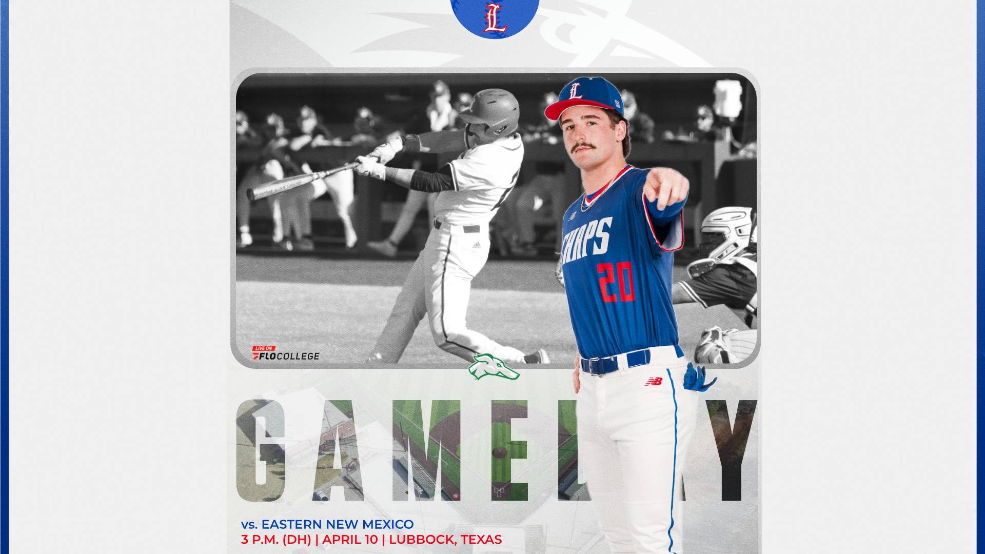 This is a digital graphic promoting the Lubbock Christian baseball doubleheader against Eastern New Mexico at 3 p.m. on April 10 in Lubbock, Texas. The featured image is of outfielder Roe Forrest (blue jersey, #2) pointing at the camera with his left hand. There is a black and white action photo of Forrest in the background swinging a bat. 