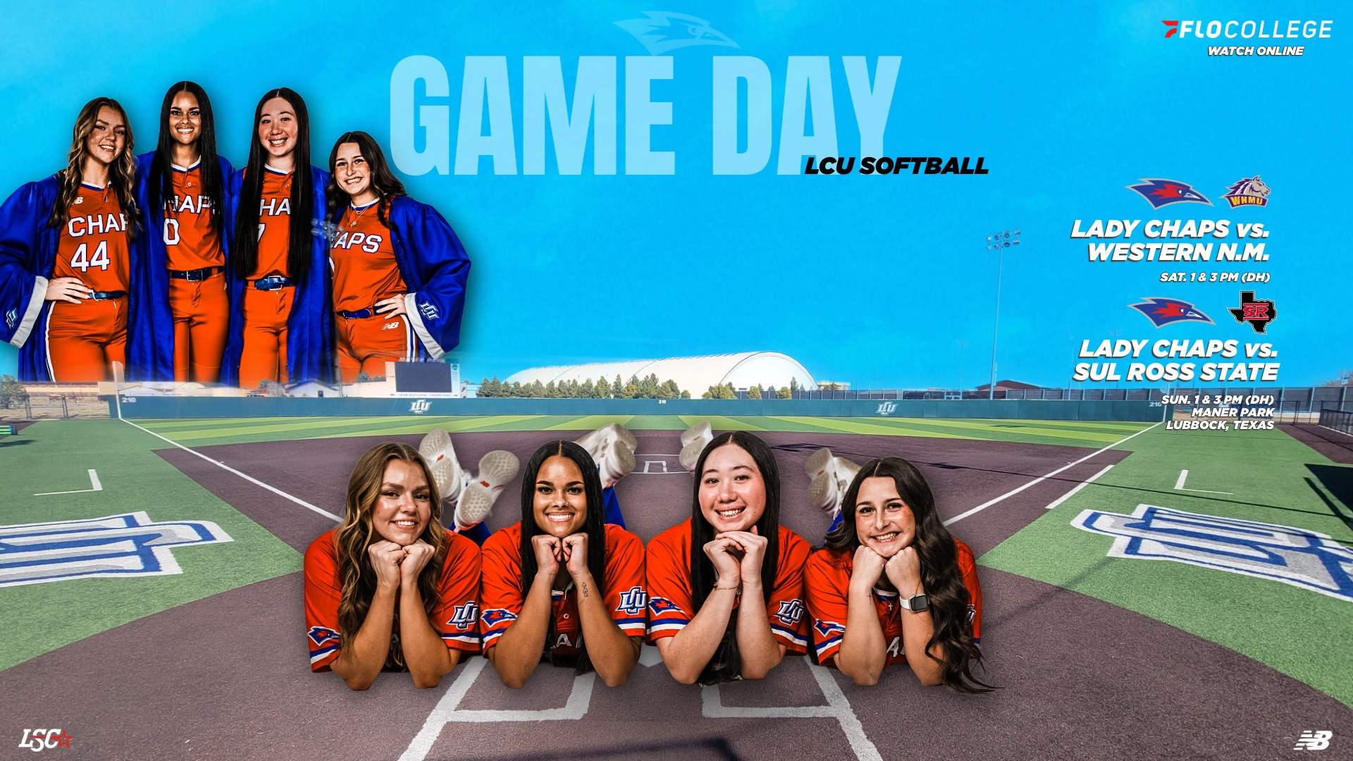 Lubbock Christian University Lady Chaps Softball Game Day graphic set against an aerial view of an LCU softball field. In the upper left, four players in orange and blue 