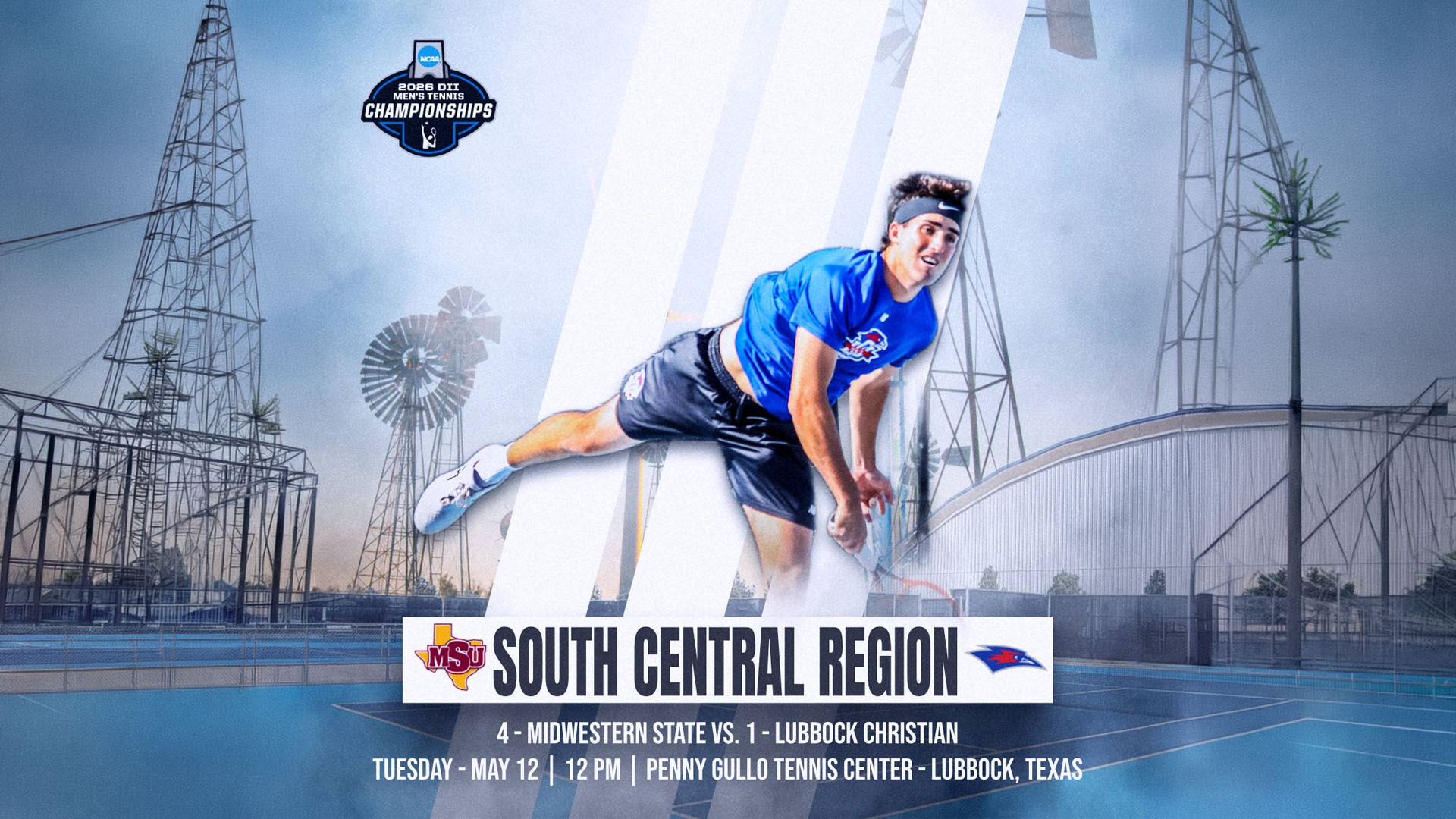 Lubbock Christian University Chaps Men's Tennis NCAA Regional preview graphic. A male LCU player in a blue LCU shirt and dark shorts with a black headband is shown in a dynamic low sliding or lunging pose on a tennis court, set against a composite background featuring West Texas oil derricks, a windmill, and the Penny Gullo Tennis Center facility. Text reads: 
