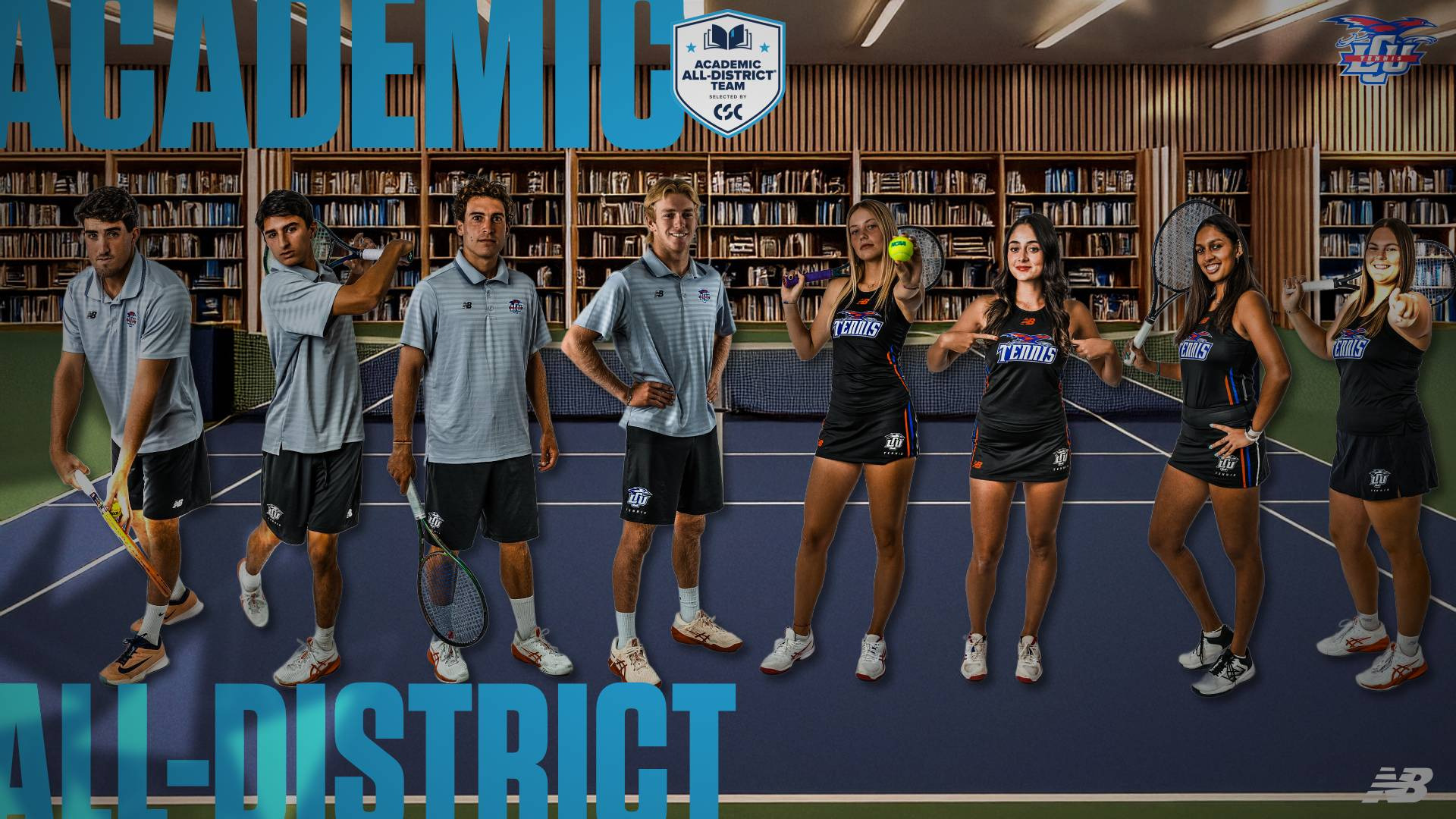 Promotional graphic recognizing LCU Tennis players selected to the CSC Academic All-District Team. The composite background blends a library setting with a tennis court. Seven student-athletes are featured standing in a row: four men on the left wearing gray New Balance LCU polo shirts and black shorts, each holding a tennis racket, and four women on the right wearing black LCU Tennis uniforms with orange and blue accents, each posing with a racket or tennis ball. Bold light blue text on the left reads 'ACADEMIC' and along the bottom reads 'ALL-DISTRICT.' The CSC Academic All-District Team shield logo with an open book and stars is centered at the top. The LCU Tennis bird logo appears in the upper right corner and the New Balance logo appears in the lower right corner.