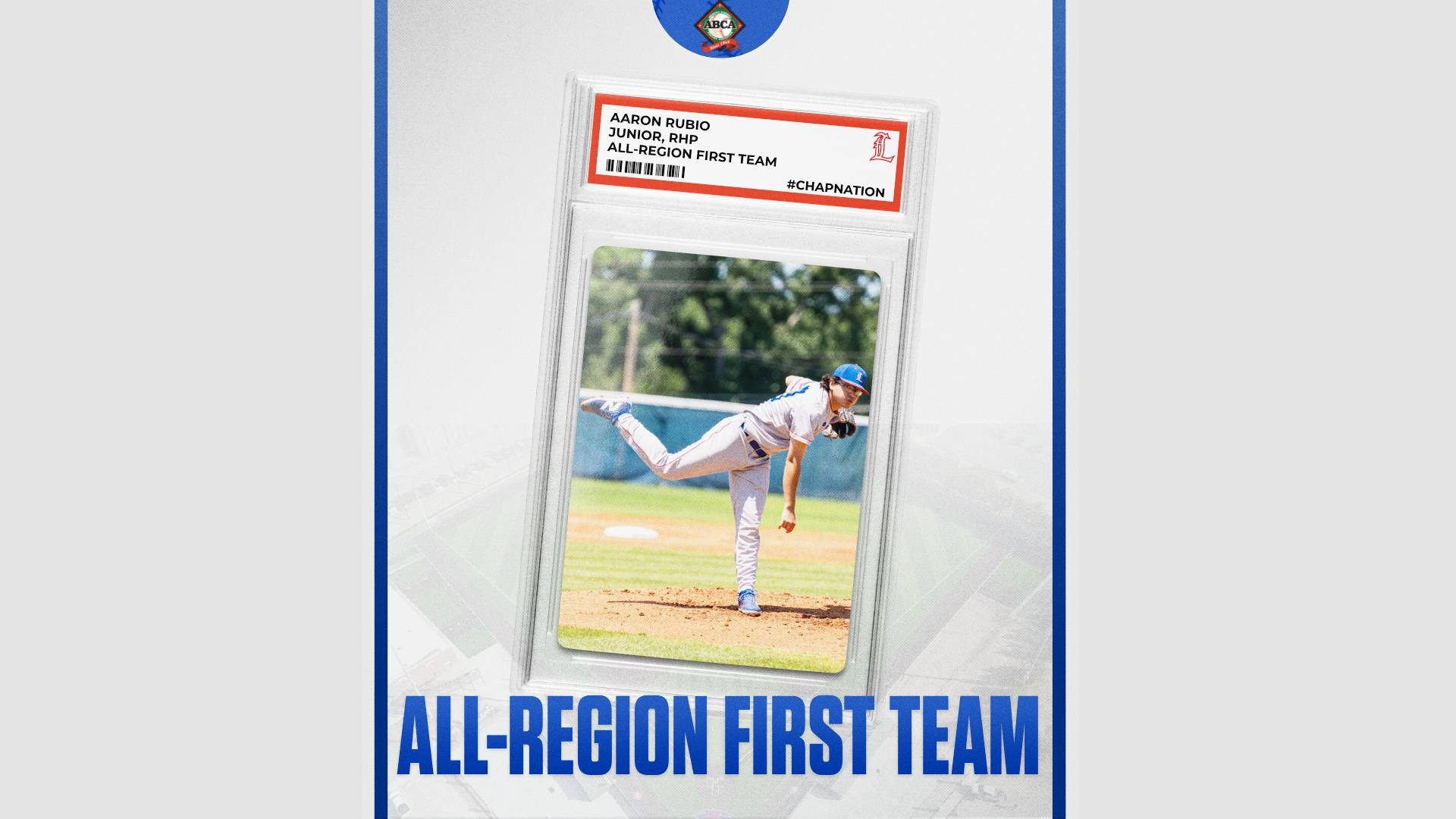 This is a digital graphic announcing Lubbock Christian pitcher Aaron Rubio as a member of the ABCA All-South Central Region First Team. There is a fake baseball card on the graphic with a picture of Rubio pitching. 
