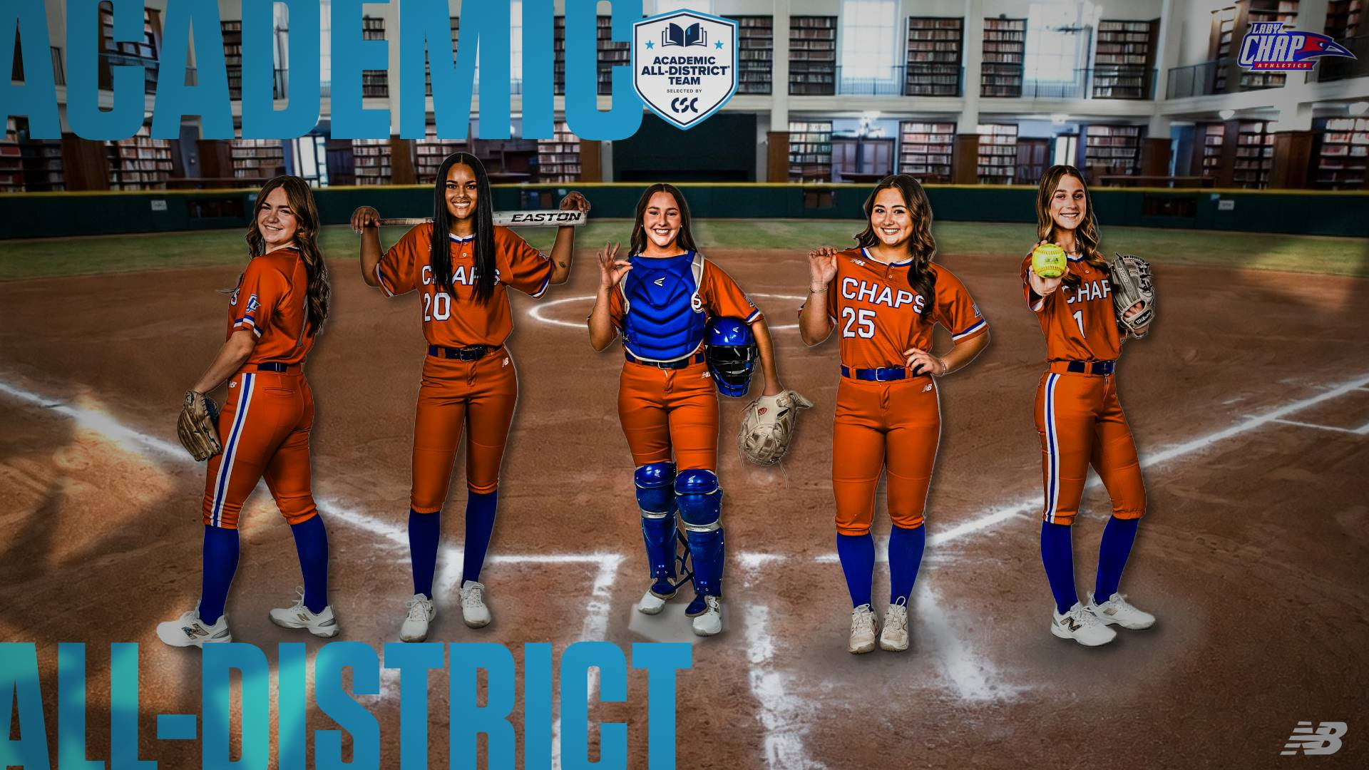 Promotional graphic recognizing LCU softball players selected to the CSC Academic All-District Team. The composite background blends a library setting with a softball field viewed from home plate. Five female student-athletes are featured standing in a row, all wearing orange and blue LCU Chaps New Balance softball uniforms with blue knee-high socks. From left to right: a player holding a glove, a player in jersey number 20 holding an Easton bat, a catcher in full blue Easton gear including chest protector, shin guards, and helmet, a player in jersey number 25 posing with hand on shoulder, and a player in jersey number 1 holding a softball and glove. Bold light blue text on the left reads 'ACADEMIC' and along the bottom reads 'ALL-DISTRICT.' The CSC Academic All-District Team shield logo is centered at the top. The Lady Chap Athletics logo appears in the upper right corner and the New Balance logo appears in the lower right corner