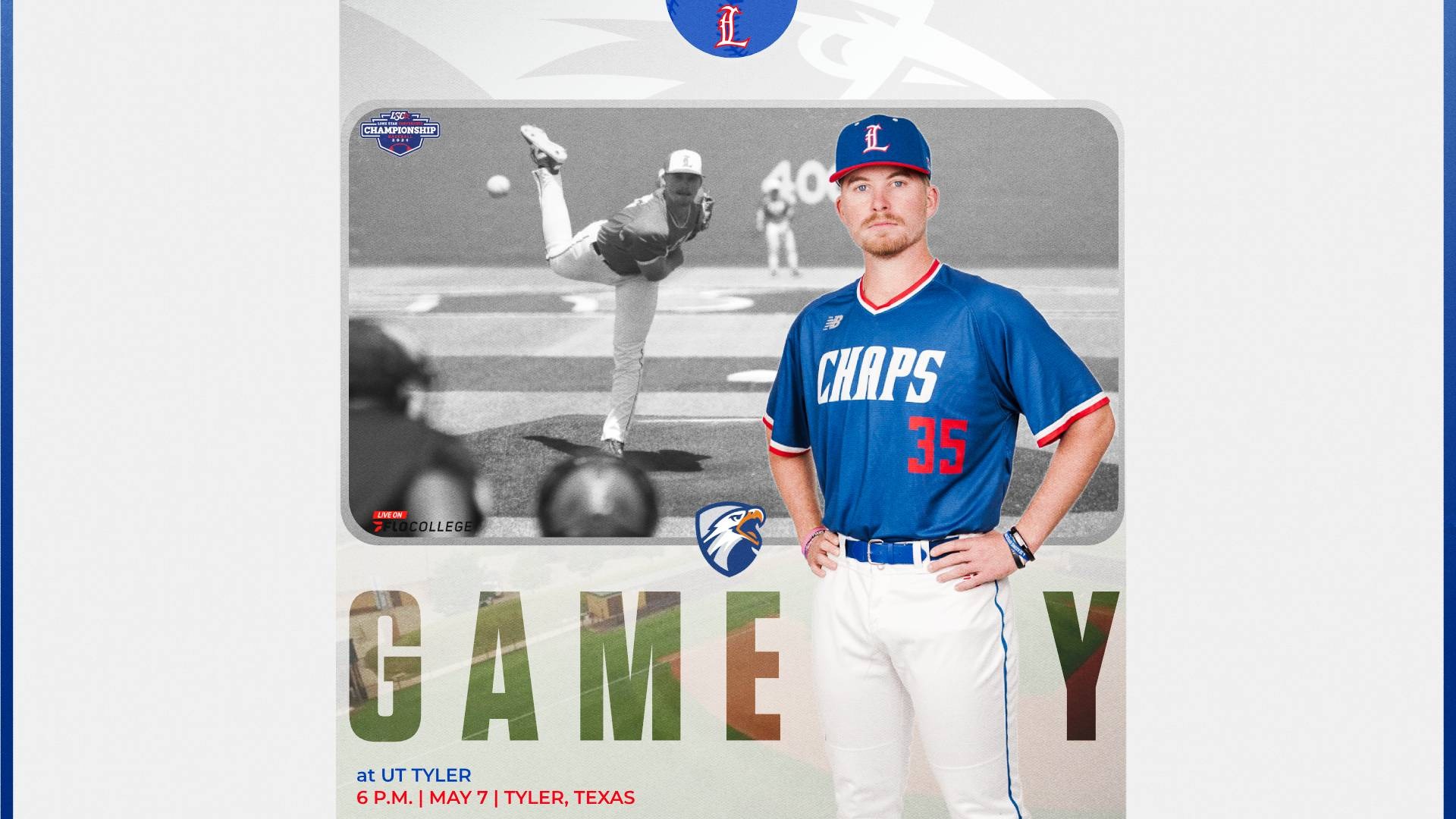 This is a digital graphic promoting the Lubbock Christian baseball game in the LSC Tournament against UT Tyler at 6 p.m. on Thursday in Tyler, Texas. The featured image is of pitcher Will Cooper (wearing a blue jersey, #35 and white pants and a blue hat) shown standing with his hands on his hip. There is a black and white image of Cooper pitching in a game in the background.