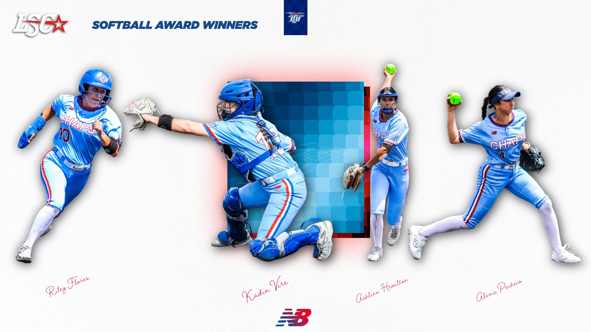 Lubbock Christian University LSC Softball Award Winners graphic featuring four Lady Chaps players in action poses, all in light blue 