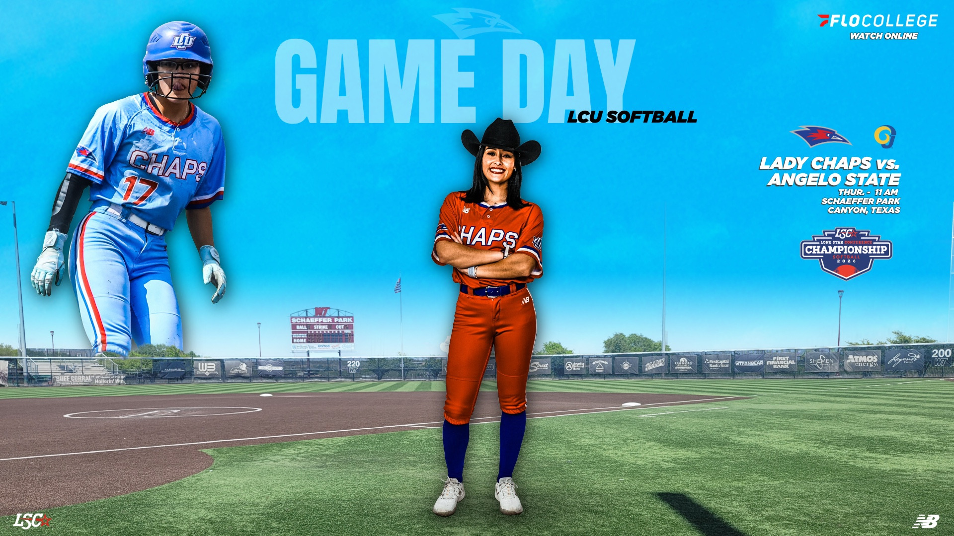 Lubbock Christian University Lady Chaps Softball Game Day graphic set against a photo of Schaeffer Park softball field in Canyon, Texas. Two players are featured — one on the left wearing number 17 in a light blue 