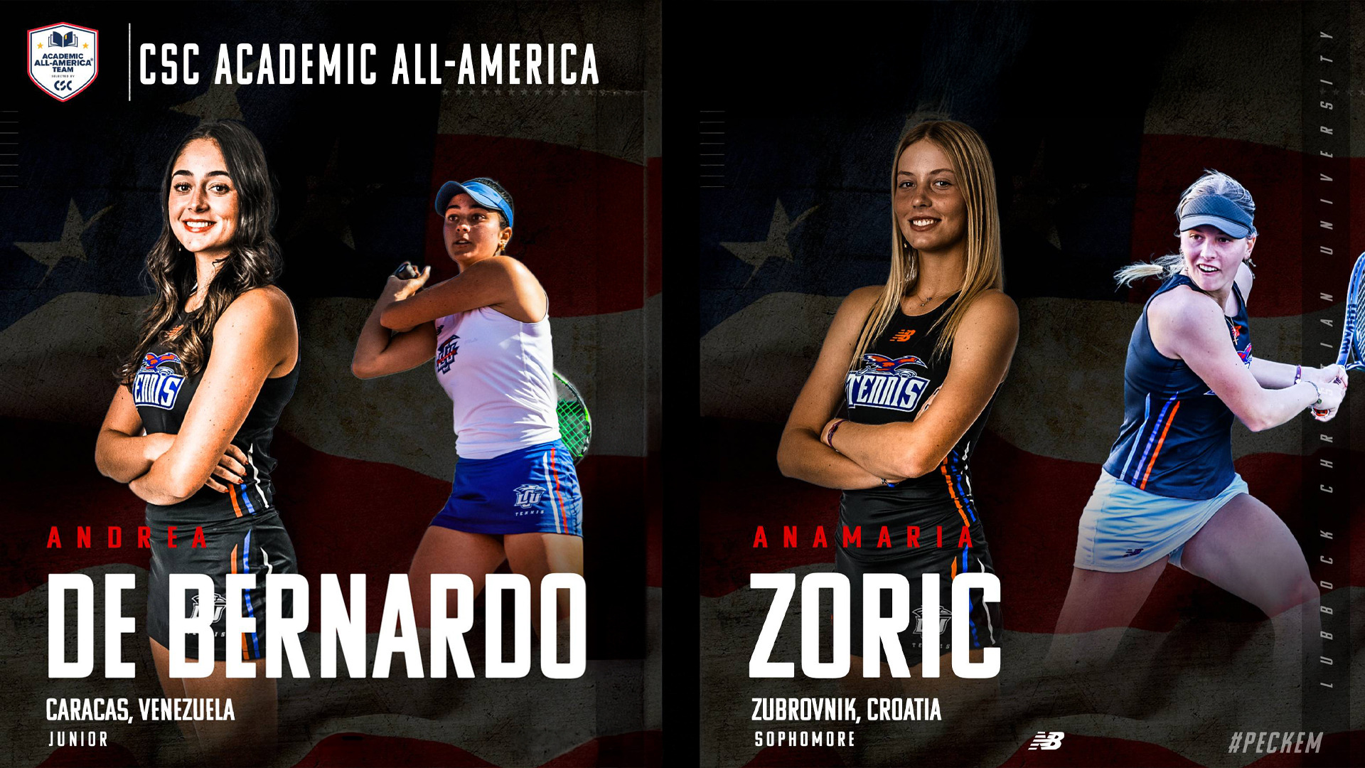 CSC Academic All-America promotional graphic featuring two LCU women's tennis players. The dark background includes a faded American flag with stars and stripes. The CSC Academic All-America Team shield logo and the header 'CSC Academic All-America' appear at the top. The graphic is split into two panels. Left panel: Andrea De Bernardo in a black LCU Tennis uniform with arms crossed and smiling in the foreground, with an action photo of her in a white LCU shirt and blue skirt hitting a backhand in the background. Her name 'Andrea' appears in red italic text above 'De Barnardo' in large bold white text, with 'Caracas, Venezuela' and 'Junior' below. Right panel: Anamaria Zoric in a black LCU Tennis uniform with arms crossed and smiling in the foreground, with an action photo of her hitting a shot in the background. Her name 'Anamaria' appears in red italic text above 'Zoric' in large bold white text, with 'Zubrovnik, Croatia' and 'Sophomore' below.