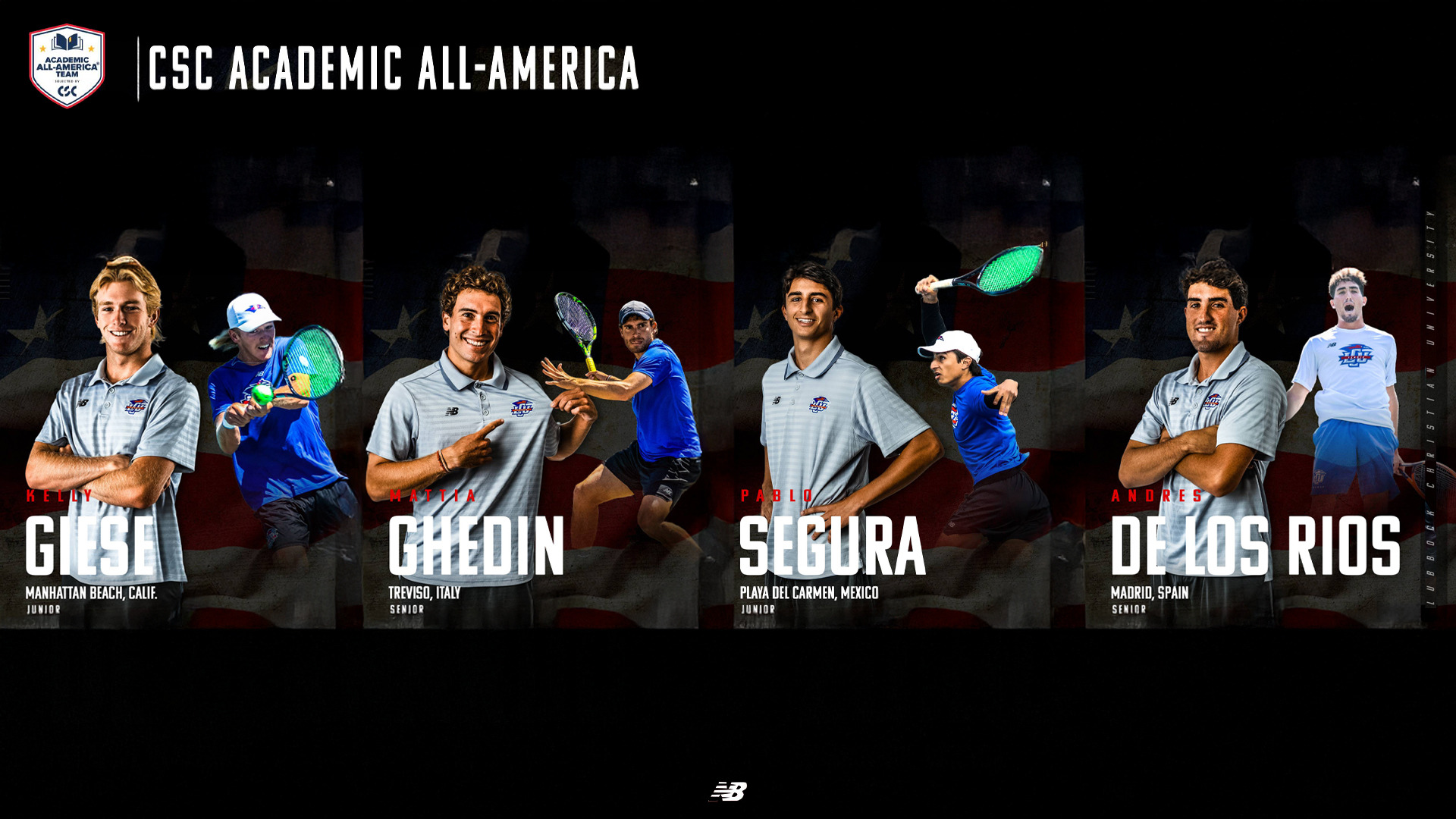 CSC Academic All-America promotional graphic featuring four LCU men's tennis players. The dark background includes a faded American flag with stars and stripes. The CSC Academic All-America Team shield logo and the header 'CSC Academic All-America' appear at the top left. The graphic is divided into four vertical panels, each featuring a player in a foreground portrait pose wearing a gray New Balance LCU polo shirt with arms crossed or gesturing, alongside a background action photo of the same player. From left to right: Kelly Giese from Manhattan Beach, California, Junior; Mattia Ghedin from Treviso, Italy, Senior; Pablo Segura from Playa del Carmen, Mexico, Junior; and Andres De Los Rios from Madrid, Spain, Senior. Each player's first name appears in red italic text above their last name in large bold white text, with their hometown and class year below. The New Balance logo appears at the bottom center. 'Lubbock Christian University' is printed vertically along the right edge