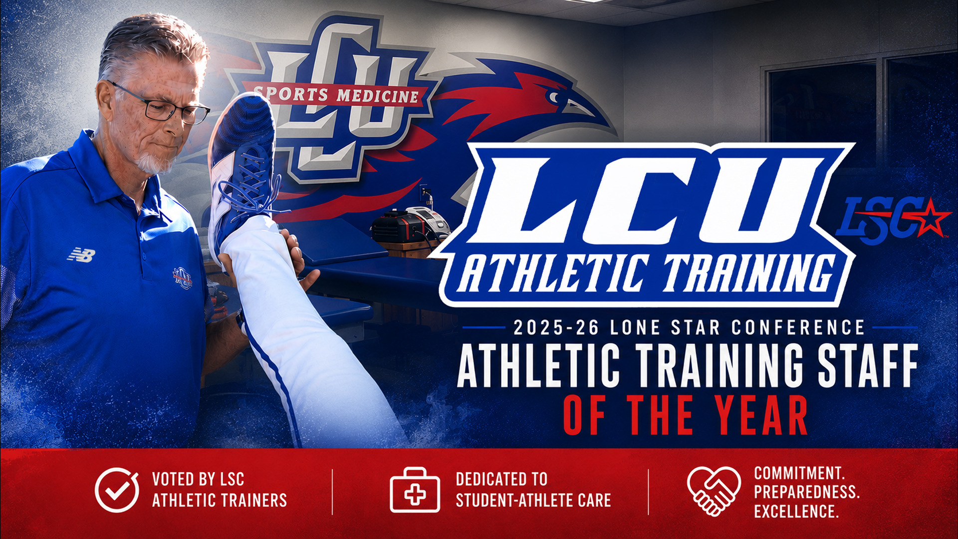 A promotional graphic for LCU (Lubbock Christian University) Athletic Training announcing the 2025–26 Lone Star Conference Athletic Training Staff of the Year award. On the left, a male athletic trainer wearing a blue New Balance polo and glasses examines an athlete's lower leg and foot in a sports medicine room with the LCU Chaparral mascot logo on the wall. Text on the right reads 