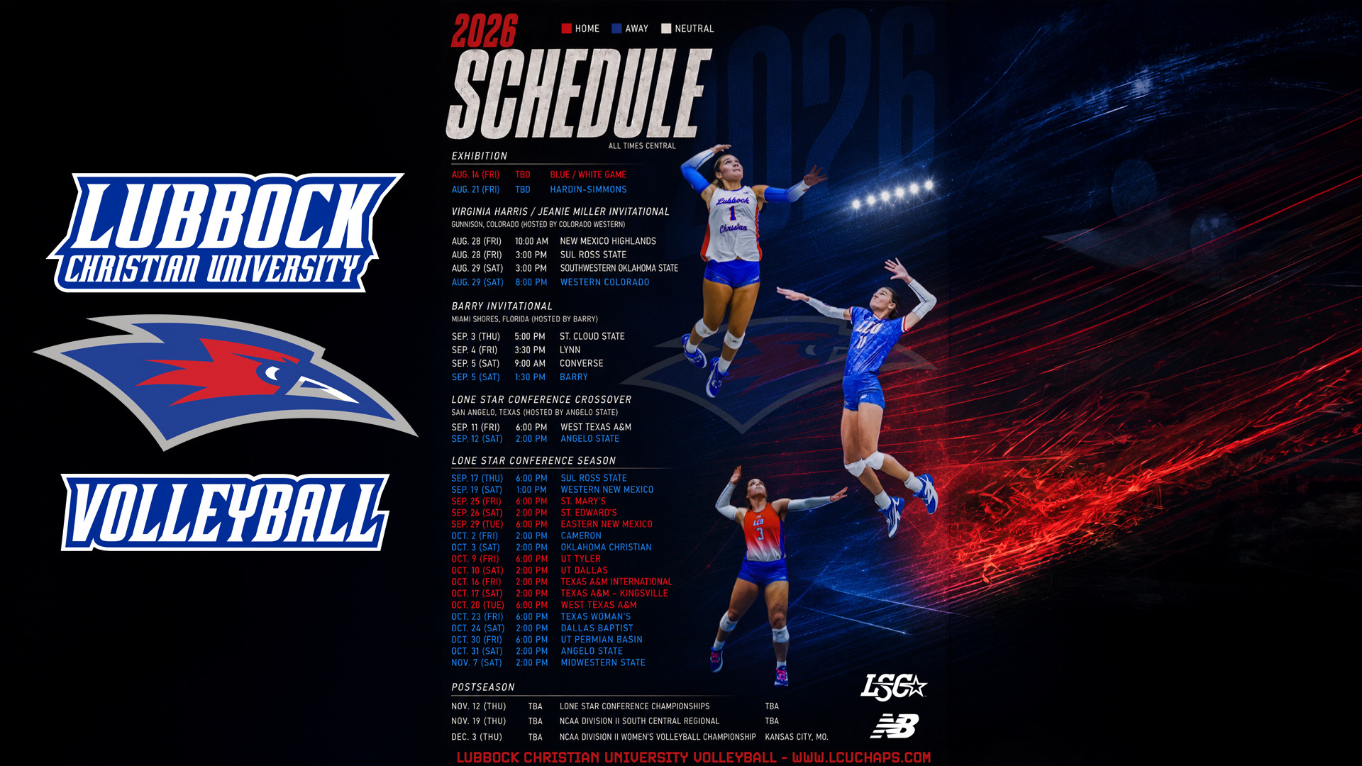 The 2026 Lubbock Christian University Volleyball schedule graphic on a dark background. The LCU Chaparrals logo and 