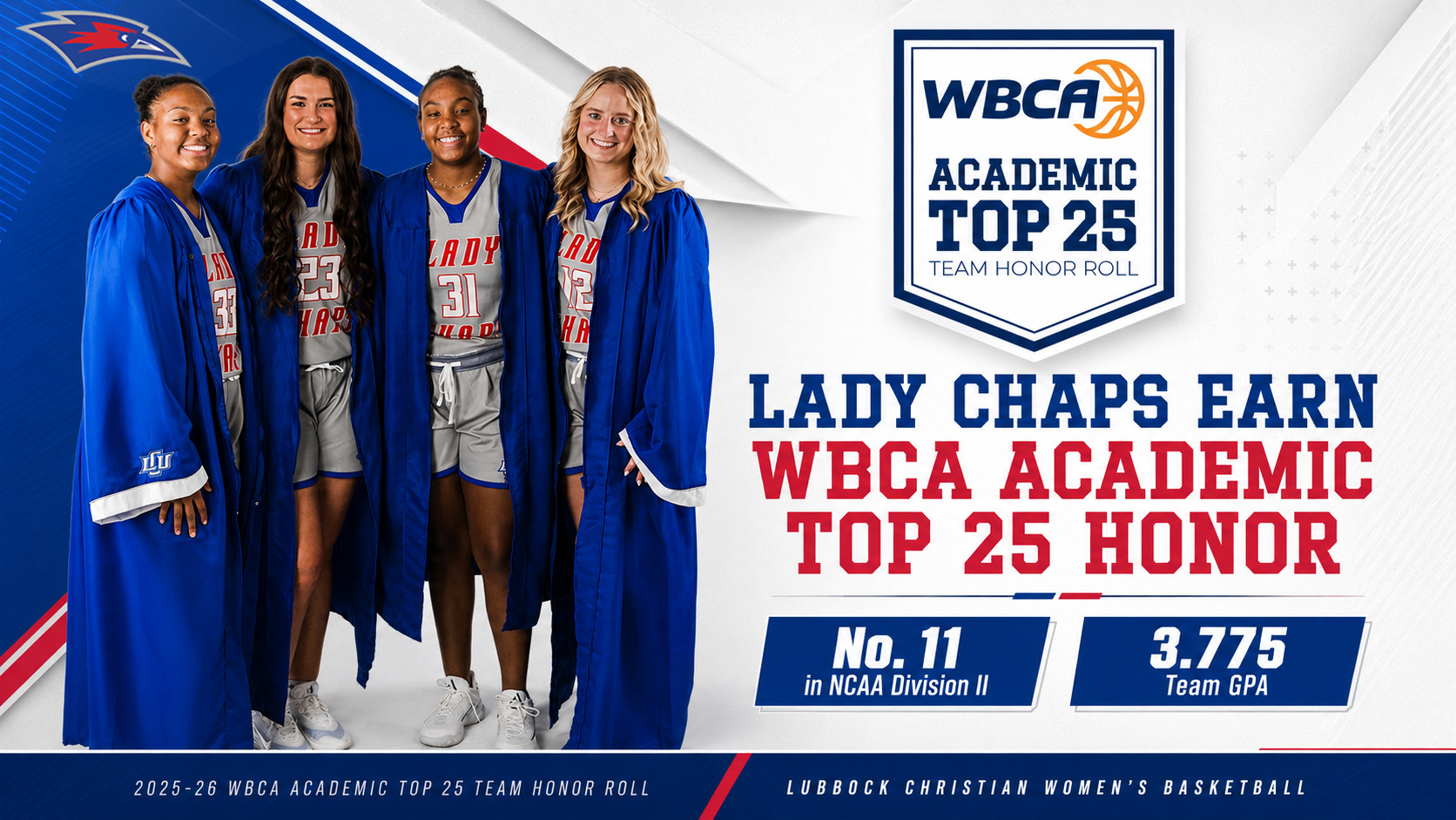 A graphic announcing LCU Lady Chaps Women's Basketball earning the WBCA Academic Top 25 Team Honor Roll. The LCU Chaparrals logo appears in the top left. Four female student-athletes wearing blue graduation robes over their 