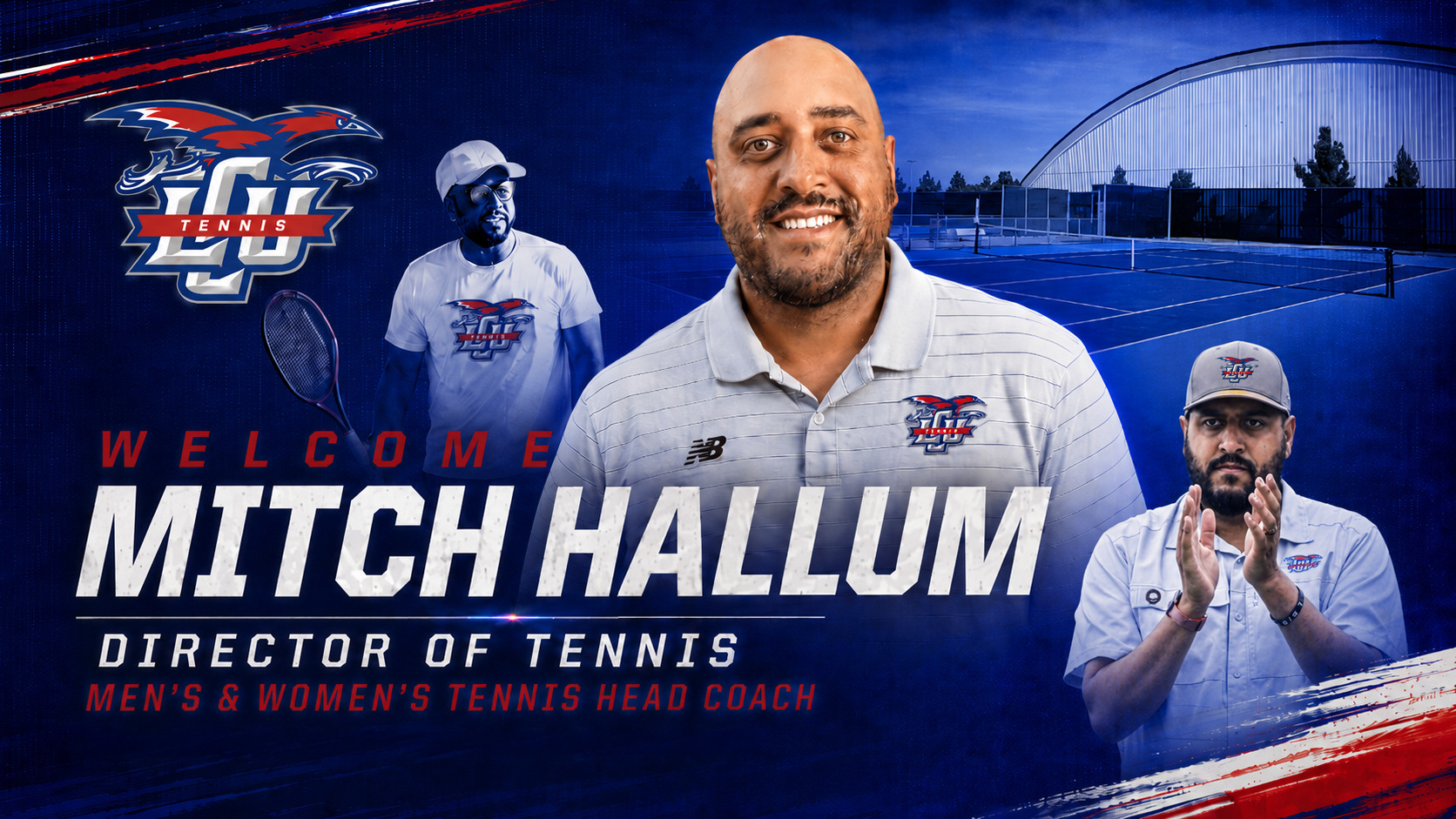 A welcome graphic for Mitch Hallum as LCU's new Director of Tennis and Men's & Women's Tennis Head Coach. The LCU Tennis logo appears in the top left corner. Three photos of Hallum are featured against a blue tennis court background: a full-body shot holding a racket in a white LCU shirt, a close-up portrait smiling in a gray LCU New Balance polo, and a sideline shot clapping in an LCU staff shirt. Text reads 