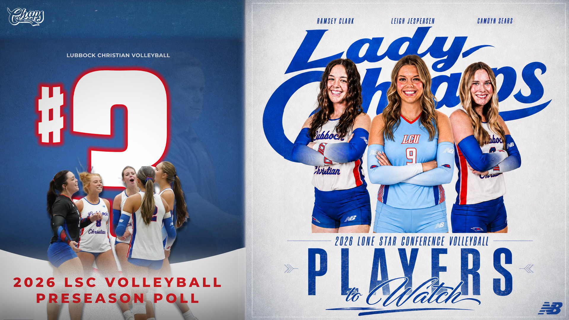 A split-panel graphic for LCU Volleyball combining two announcements: on the left, a 