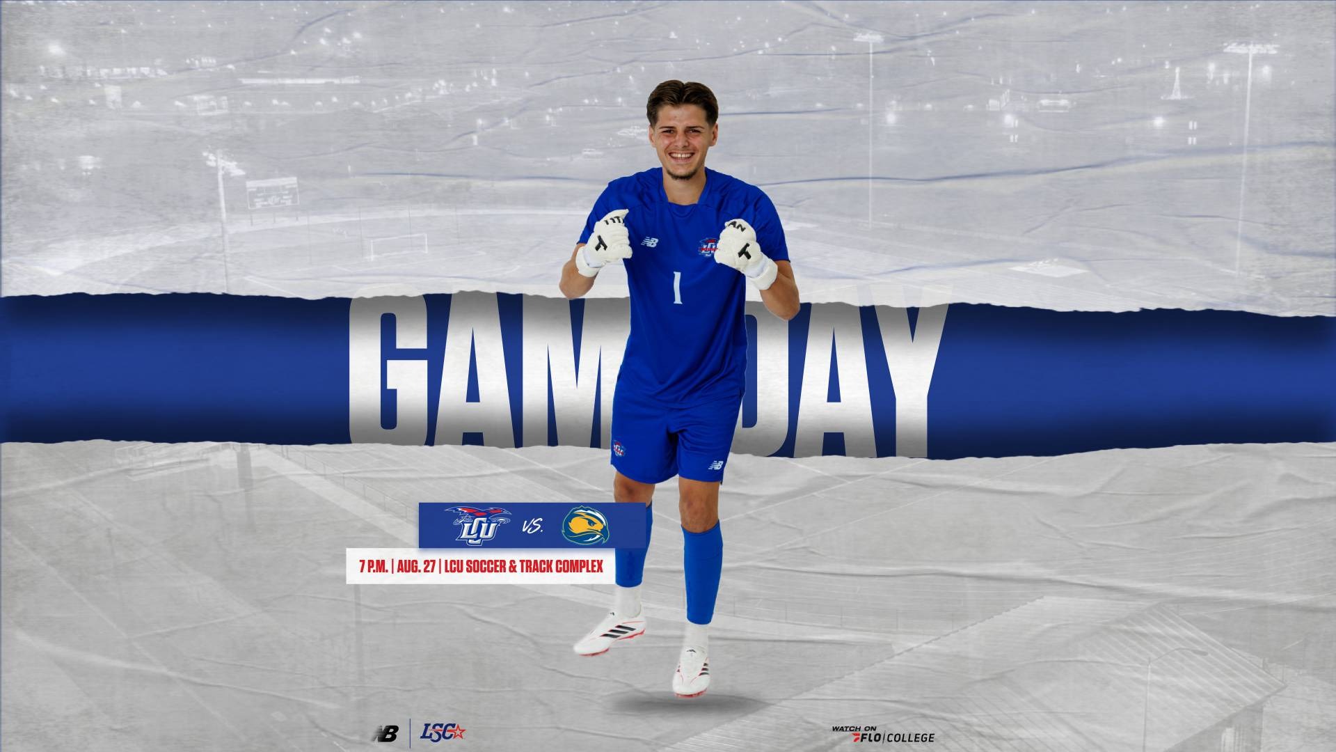 This is a digital graphic promoting the Lubbock Christian men's soccer game against Fort Lewis at 7 p.m. on August 27 at the LCU Soccer & Track Complex. The featured image is of goalkeeper Milo Paci (blue jersey, #1), shown pumping his fists and yelling.