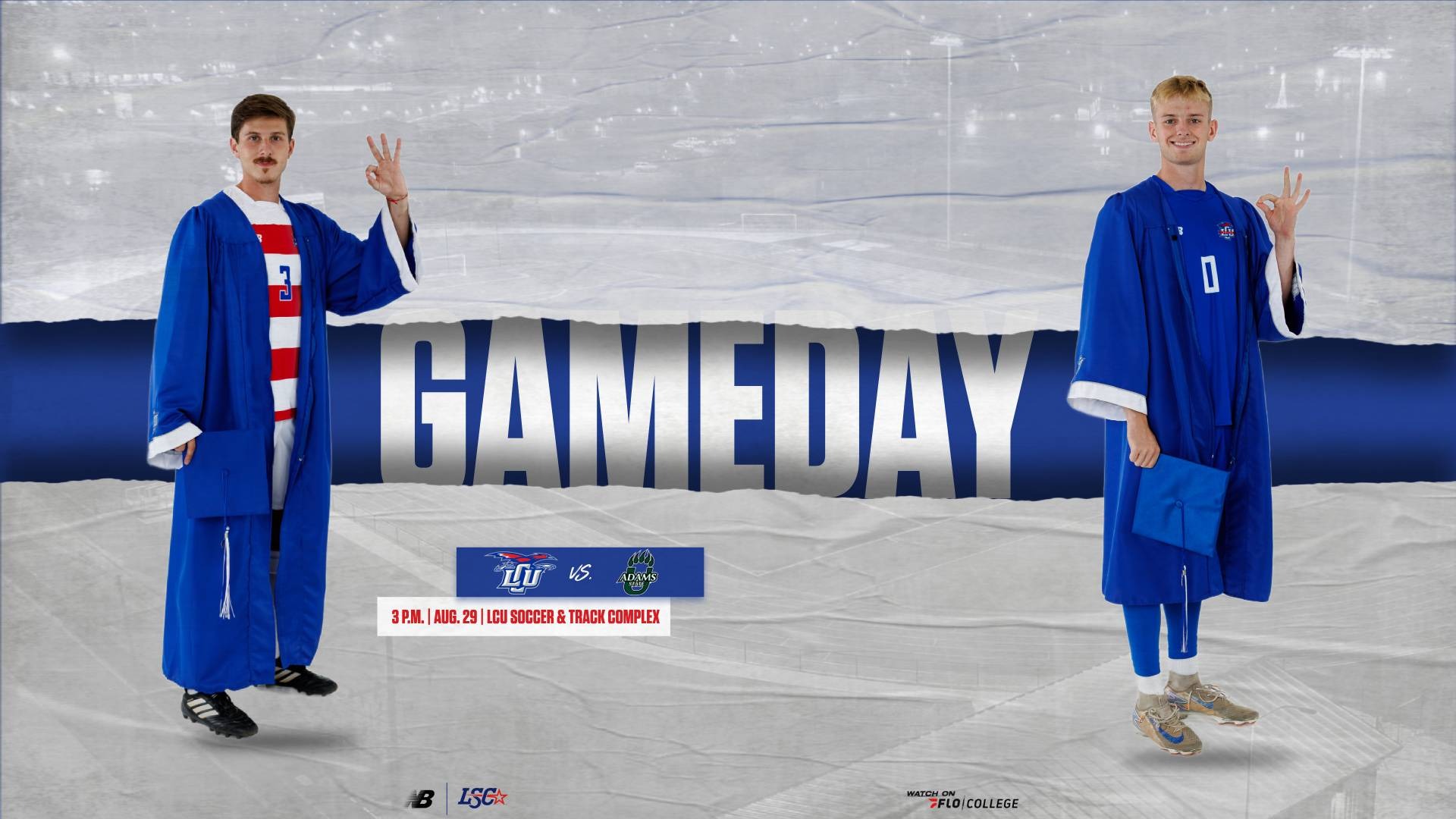 This is a digital graphic promoting the Lubbock Christian men's soccer game against Adams State at 3 p.m. on August 29 at the LCU Soccer & Track Complex. The featured images are of Caio Wasch (white jersey, #3) and Brayden Johnson (blue jersey, #0). Both players are wearing blue graduation robes and caps and holding up the Chap hand sign. 
