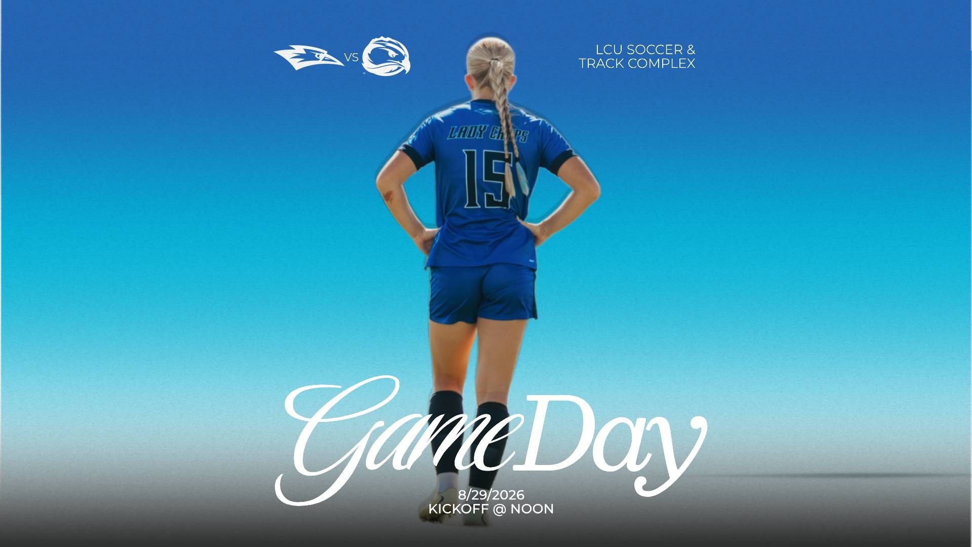 This is a digital graphic promoting the Lubbock Christian women's soccer game against Fort Lewis at noon on August 29 at the LCU Soccer & Track Complex. On a blue background, the featured image is of Kaslee Roskelley (blue jersey, #15) walking away from the camera. 