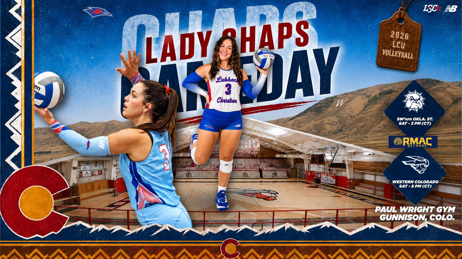 A Lady Chaps Game Day graphic for 2026 LCU Volleyball's second day at the Virginia Harris/Jeanie Miller Invitational. The LCU Chaparrals logo appears in the top left with a leather tag reading 