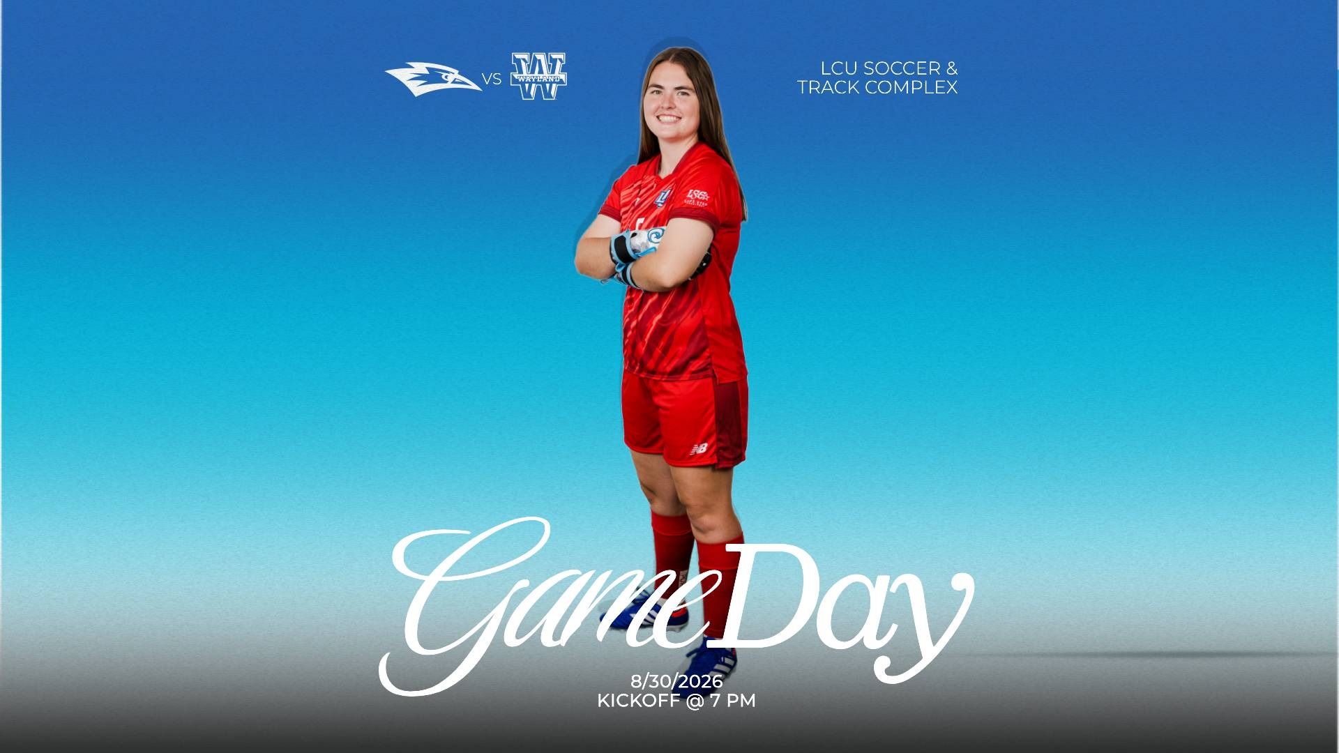 This is a digital graphic promoting the Lubbock Christian women's soccer game against Wayland Baptist at 7 p.m. on Sunday at the LCU Soccer & Track Complex. 