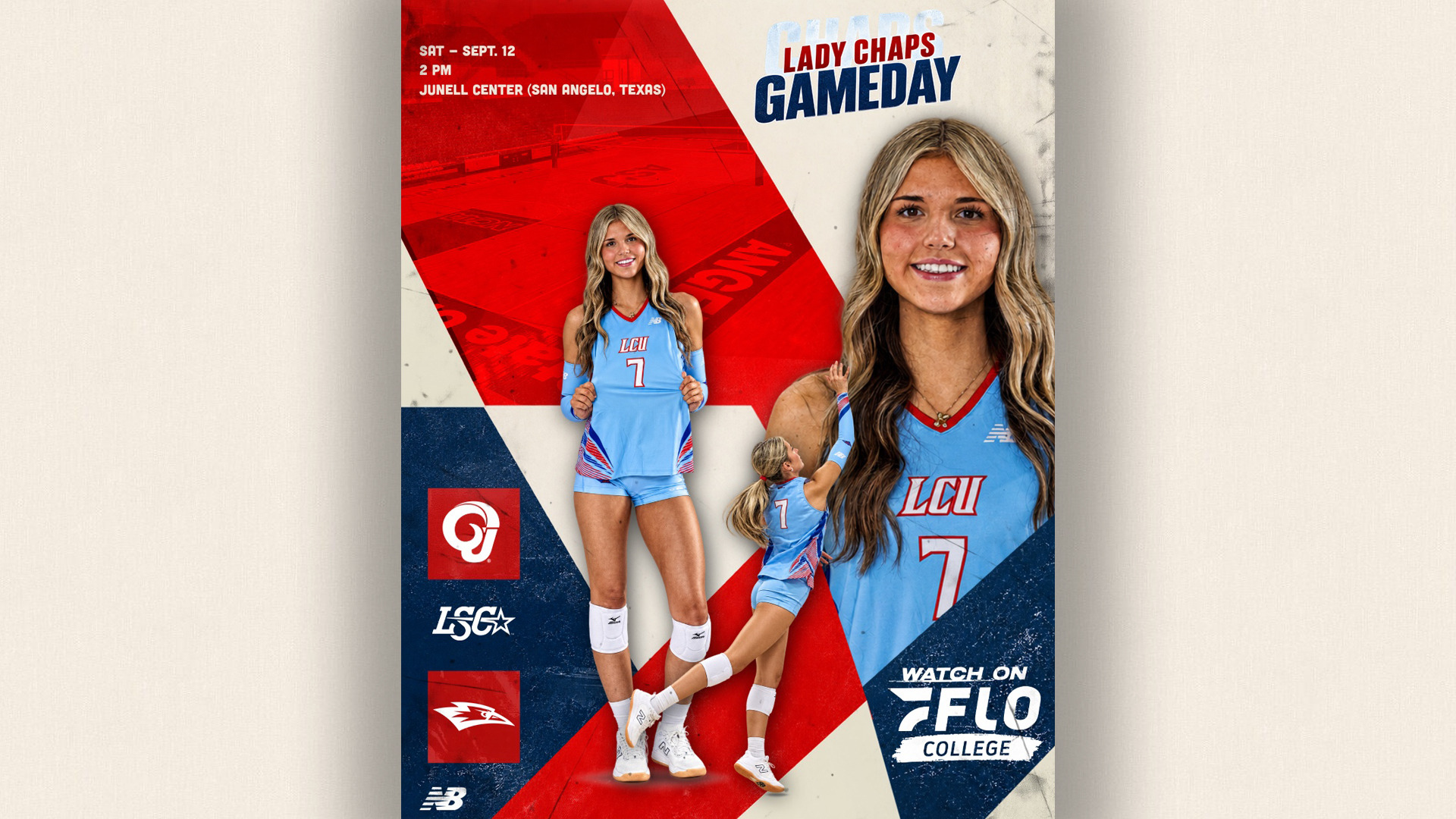 A Lady Chaps Game Day graphic for LCU Volleyball's LSC Conference Challenge match vs. Angelo State. Three photos of LCU player number 7 in a light blue uniform are featured: a smiling full-body pose, a small action shot diving low, and a close-up portrait. Game details: Saturday, Sept. 12 | 2 PM | Junell Center, San Angelo, Texas. The Angelo State Rams, LSC, and LCU Chaparrals logos appear on the left.