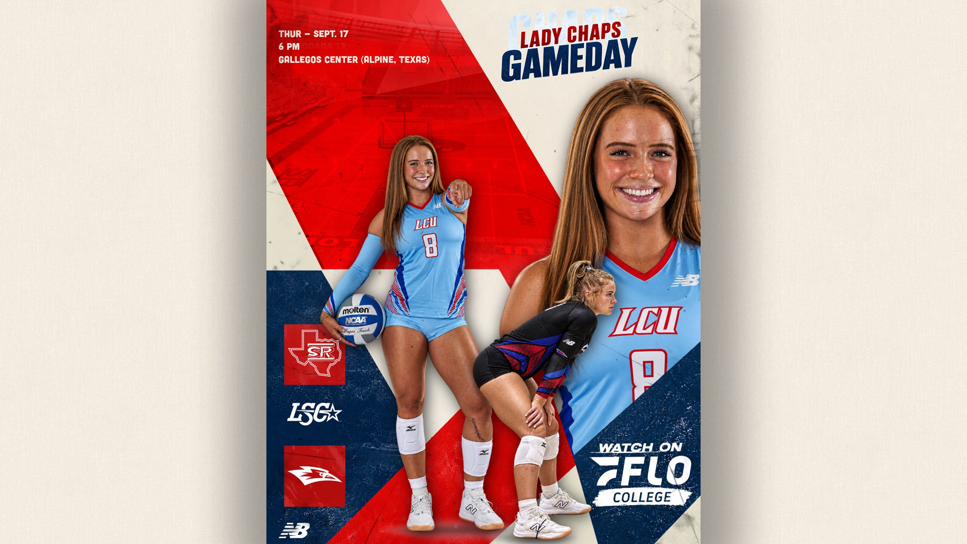 Gameday graphic for LCU Lady Chaps volleyball. Thursday, September 17, 6 PM at Gallegos Center in Alpine, Texas. Features two photos of player #8 in a light blue LCU jersey: one full-body shot holding a volleyball and pointing forward, and one close-up smiling headshot. A third player in a black jersey is shown bending down in ready position. Text reads 
