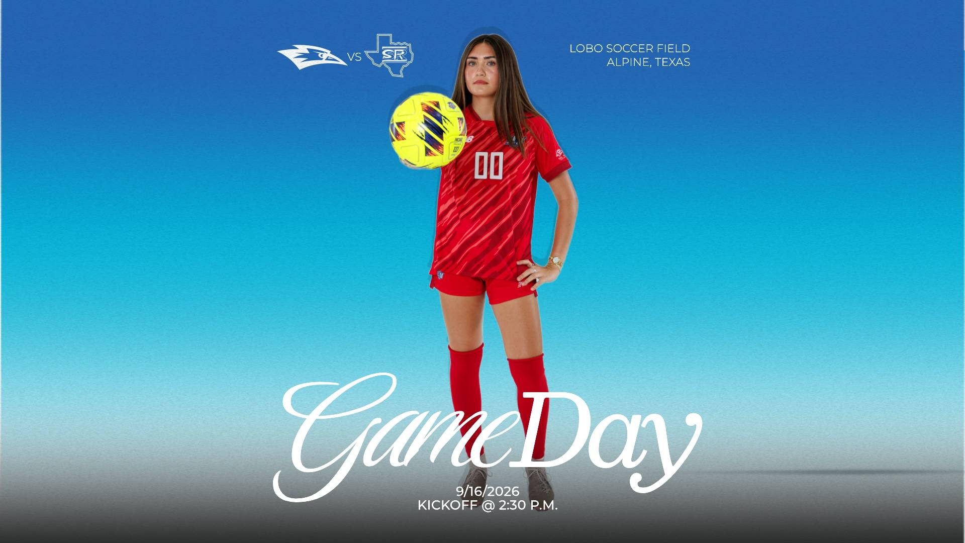 This is a digital graphic promoting the Lubbock Christian women's soccer game at Sul Ross at 2:30 p.m. on Septemer 16 at Lobo Soccer Field. The featured image is of Dylan Smith (red uniform, #00), who his holding out a yellow soccer ball with her right hand and has her left hand on her hip. 