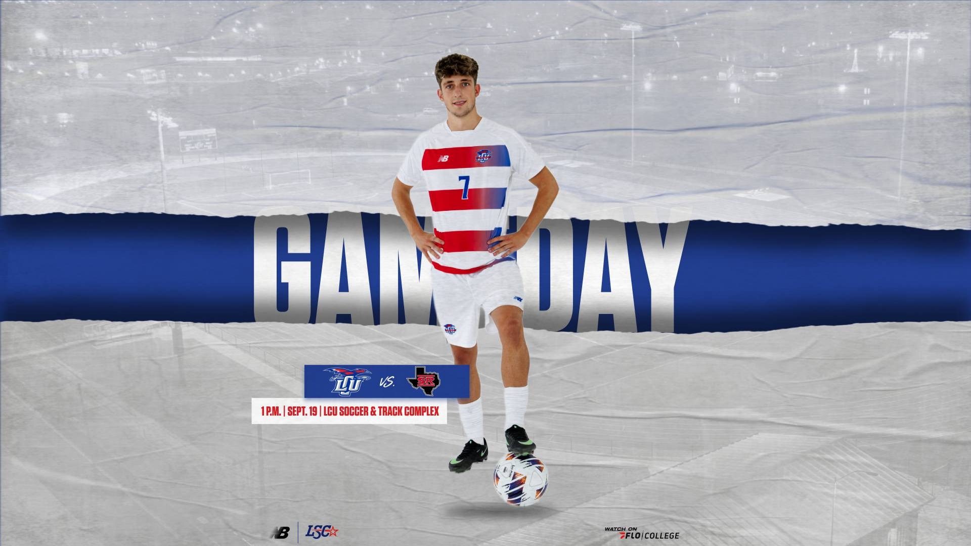 This is a digital graphic promoting the Lubbock Christian men's soccer game against Sul Ross at 1 p.m. on September 19 at the LCU Soccer & Track Complex. The featured image is of midfielder Alex Lachevre (white jersey, #7) show with his arms crossed and his left foot resting on a yellow soccer ball. 