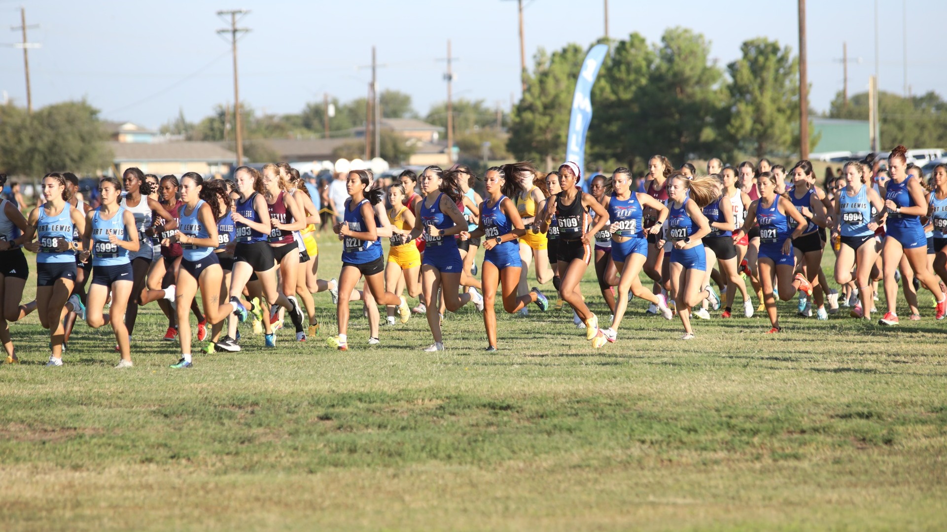 This is a photo of a large group of women's cross country runners competing at the LCU Cross Country Course. 