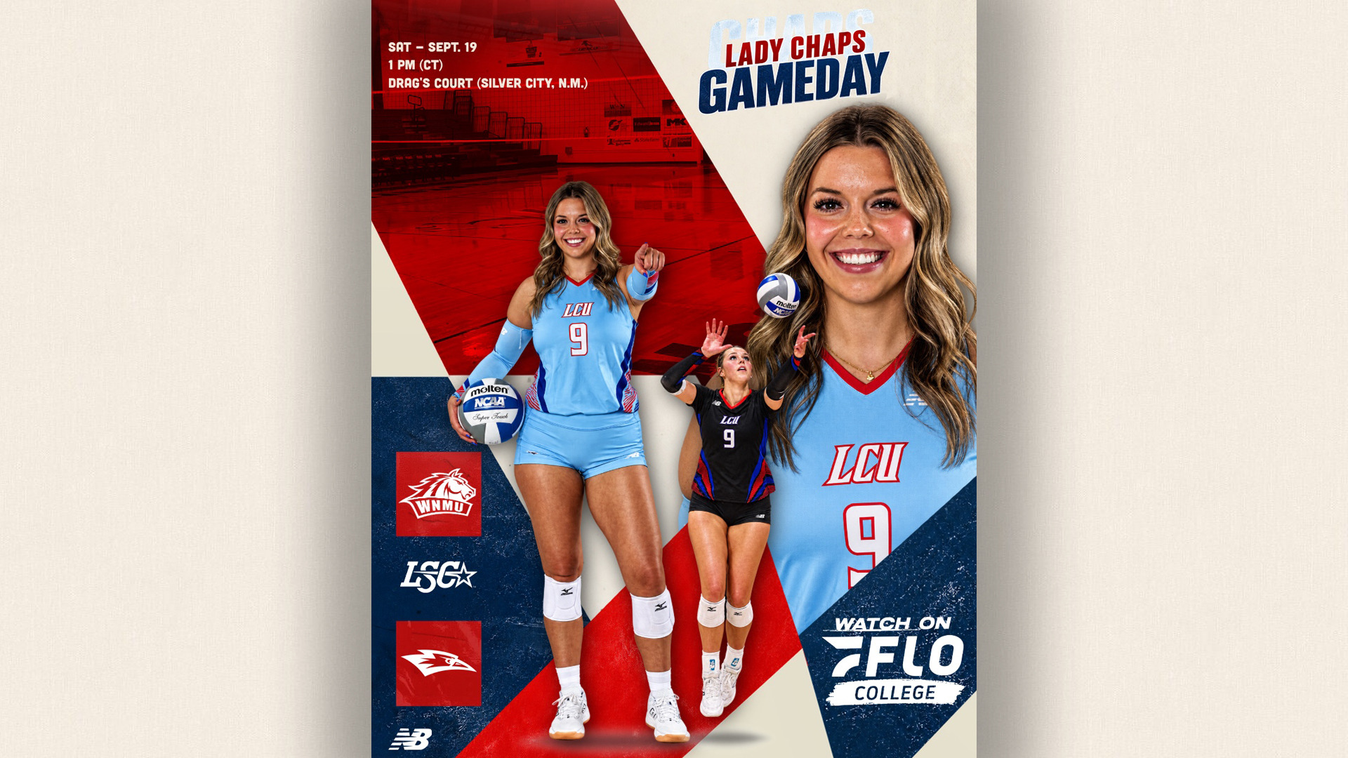 Gameday graphic for LCU Lady Chaps volleyball. Saturday, September 19, 1 PM CT at Drag's Court in Silver City, New Mexico. Features two photos of player #9 in a light blue LCU jersey: one full-body shot holding a volleyball and pointing forward, and one close-up smiling headshot. A third player in a black jersey is shown mid-serve reaching up toward the ball. Text reads 