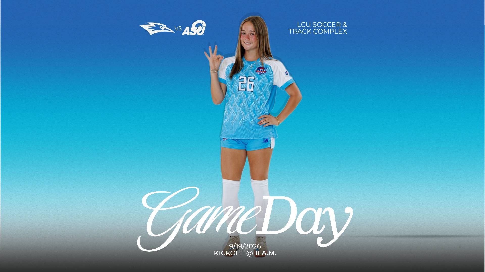 This is a digital graphic promoting the Lubbock Christian women's soccer game against Angelo State at 11 a.m. on September 19 at the LCU Soccer & Track Complex. The featured image is of Kendal DeBlanc (blue jersey, #26), shown making the Chap hand sign with her right hand.