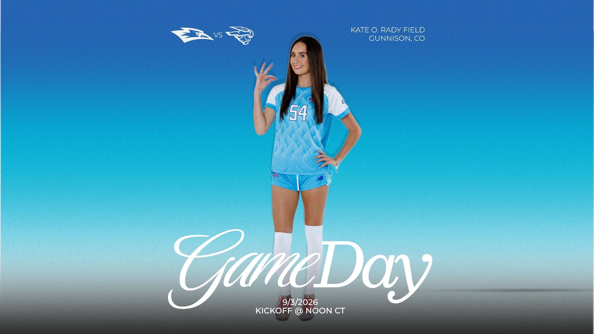 This is a digital graphic promoting the Lubbock Christian women's soccer game at Western Colorado on September 3 in Gunnison, Colorado. The featured image is of defender Araceli Patterson (blue jersey, #54), smiling and making the Chap hand sign with her right hand.