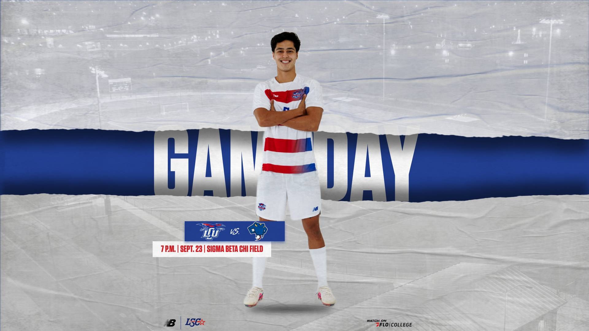 This is a digital graphic promoting the Lubbock Christian men's soccer game against St. Mary's at 7 p.m. on September 23 at Sigma Beta Chi Field. The featured image is of midfielder Aron DePaula (white jersey, #8) smiling and pointing at the viewer. 