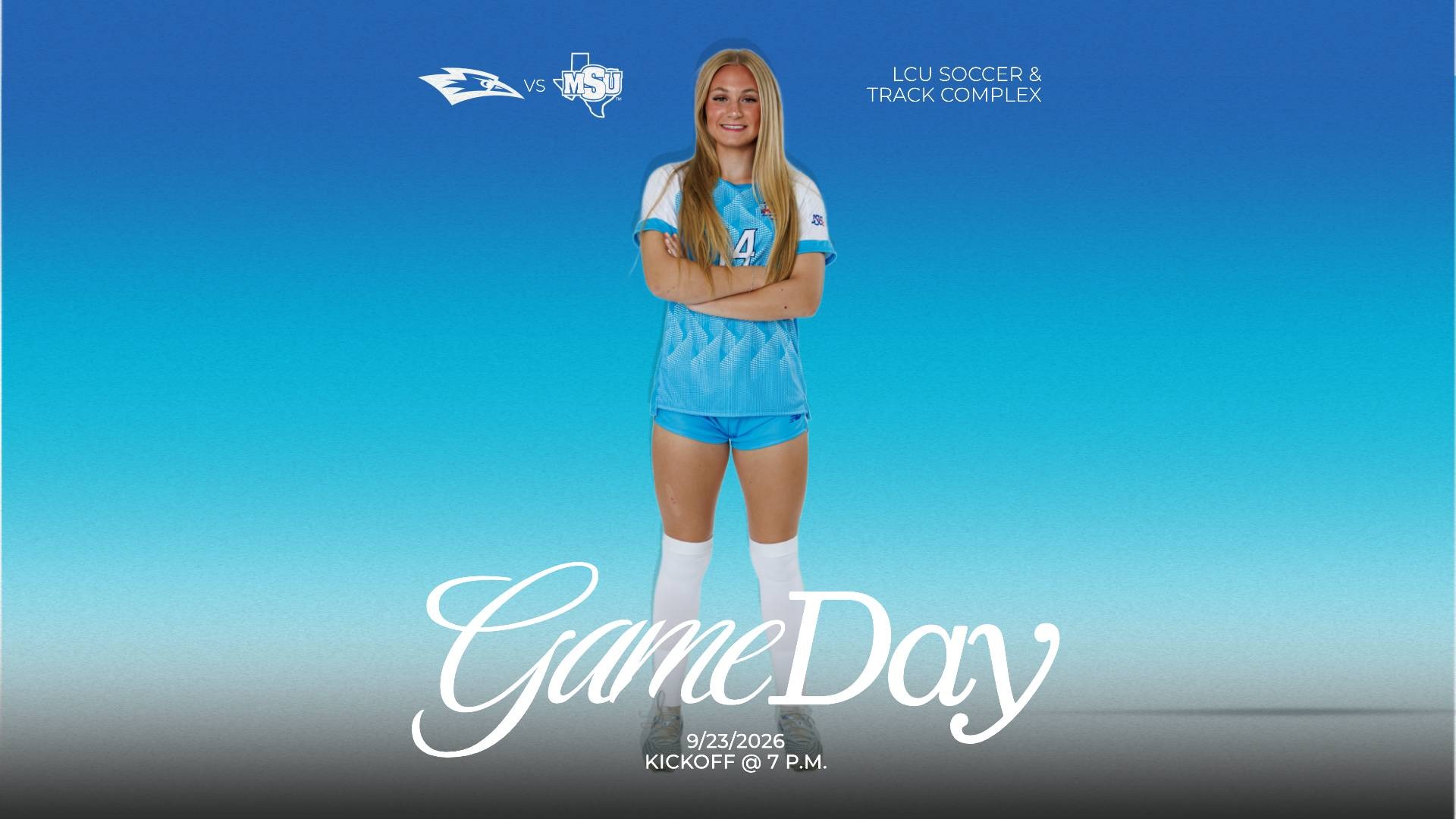 This is a digital graphic promoting the Lubbock Christian women's soccer game against Midwestern State at 7 p.m. on Septebmer 23 at the LCU Soccer & Track Complex. the featured image is of Addyson McElhaney (blue jersey, #14), shown standing with her arms crossed and smiling. 