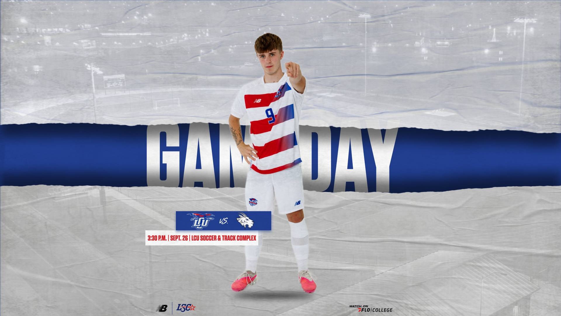 This is a digital graphic promoting the Lubbock Christian men's soccer game against St. Edward's at 3:30 p.m. on September 26 at the LCU Soccer & Track Complex. The featured image is of forward Oli Robinson (white jersey, #9) pointing at the viewer.