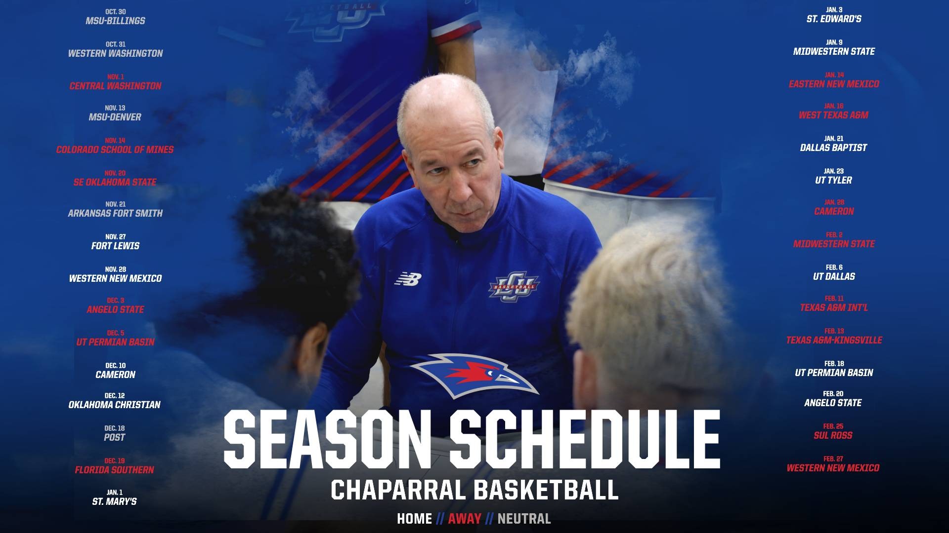 This is a digital graphic announcing the Lubbock Christian men's basketball 2026-27 season schedule. There are dates and opponents listed down the left and right side, with games on the road listed in red, games at neutral sites listed in grey and home games listed in white. The featured image is of head coach Todd Duncan (blue shirt) talking to his team during a timeout.