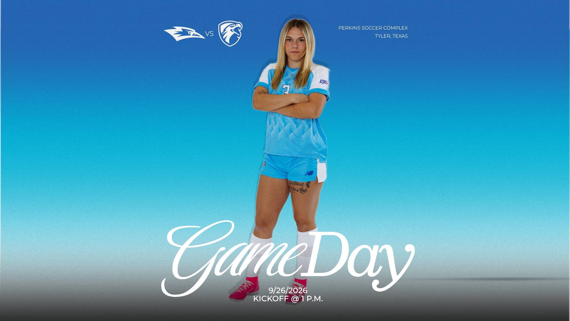 This is a digital graphic promoting the Lubbock Christian women's soccer game against UT Tyler at 1 p.m. on September 26, 2026 in Tyler, Texas. The featured image is of Logan Holloway (blue jersey, #3) shown standing with her arms crossed.