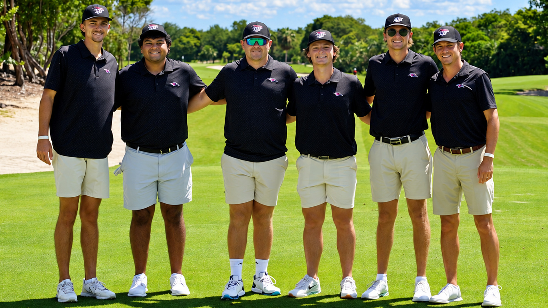 Team photo of six LCU men's golf players in matching dark polos and khaki shorts, standing arm-in-arm on a golf course fairway with sand and trees in the background.