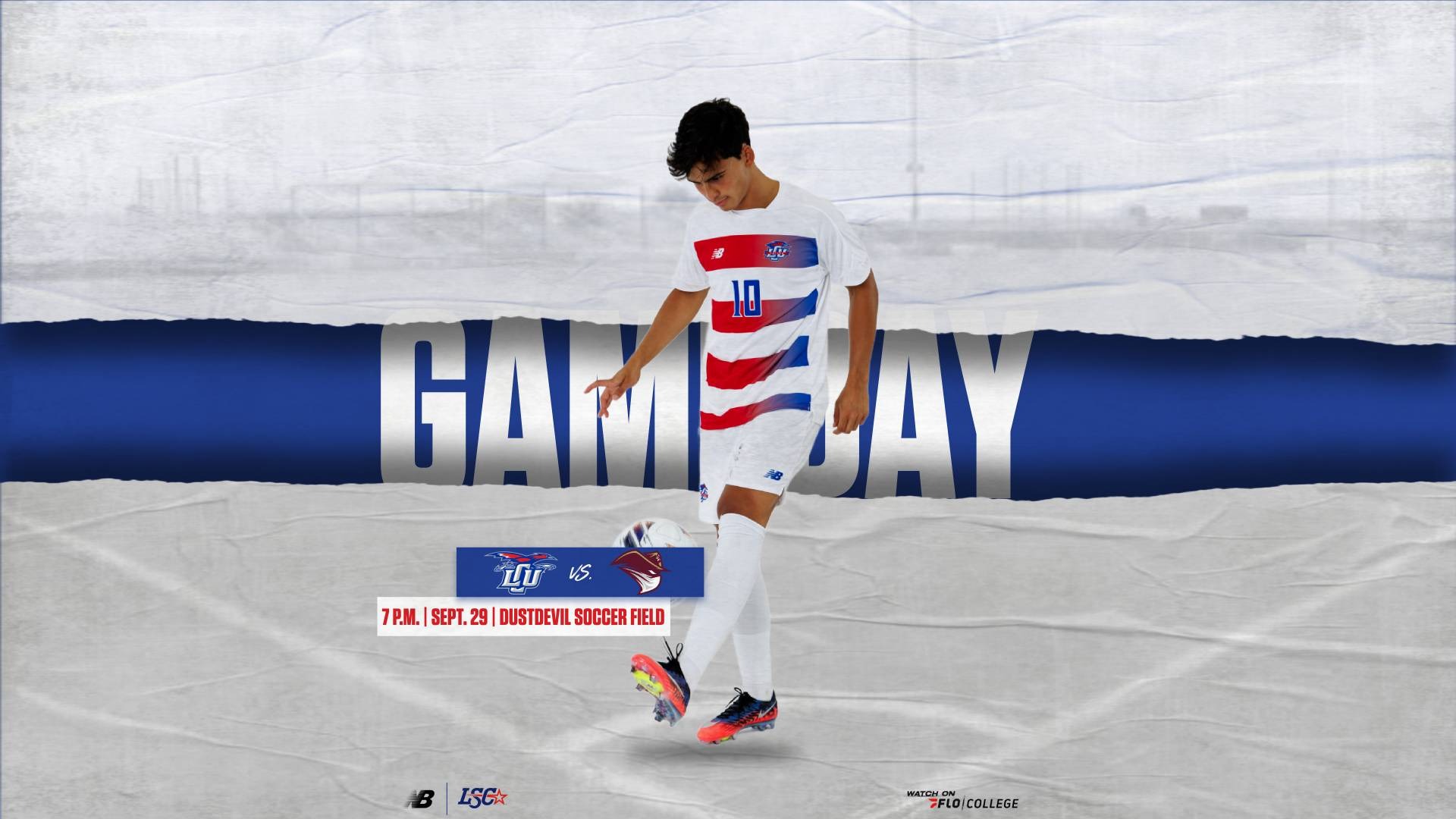 This is a digital graphic promoting the Lubbock Christian men's soccer game at Texas A&M International at 7 p.m. at Dustdevil Field in Laredo, Texas. The featured image is of forward Pedro Lucas (white jersey, #10) juggliing a soccer ball with his right foot.