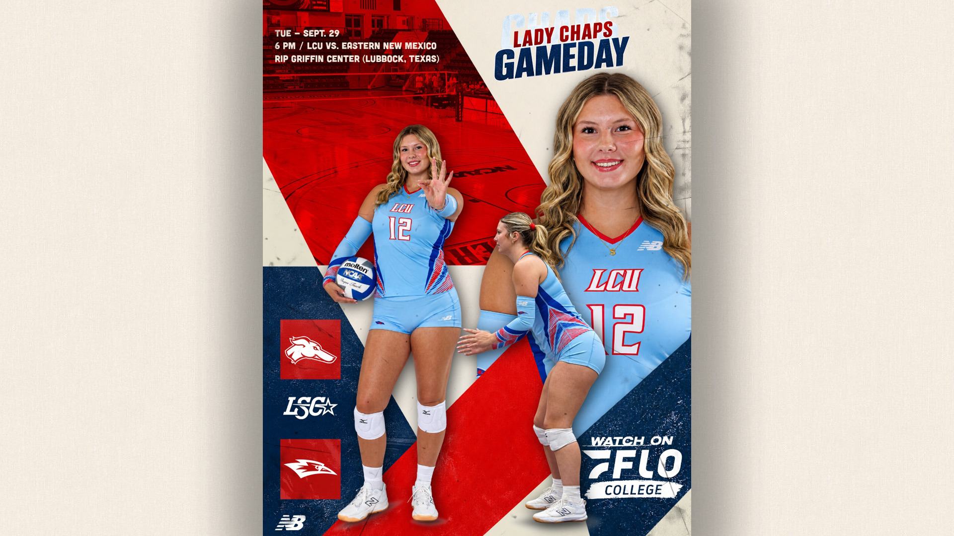 Gameday graphic for LCU Lady Chaps volleyball. Tuesday, September 29, 6 PM, LCU vs. Eastern New Mexico at Rip Griffin Center in Lubbock, Texas. Features two photos of player #12 in a light blue LCU jersey: one full-body shot holding a volleyball and making a hand gesture, and one close-up smiling headshot. A third photo shows her in a defensive ready stance. Text reads 